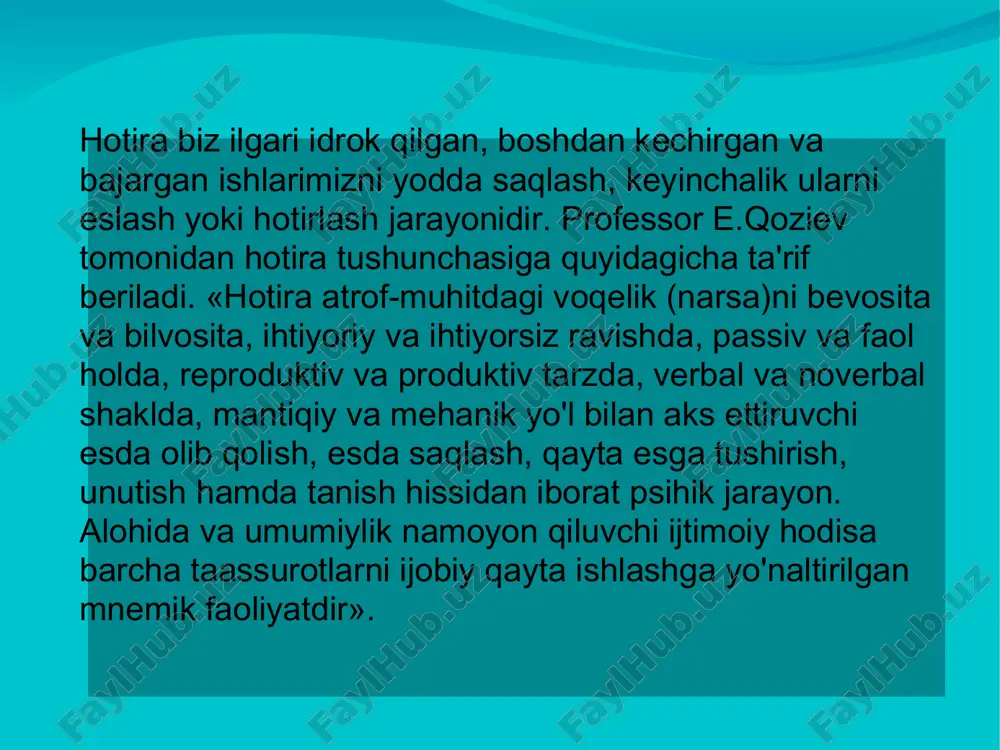 aqtda yoki ketma-ket idrok qilishdan hosil bo'ladi o'hshashlik assotsiatsiyasi- hozirgi paytda idrok qilinayotgan narsa bilan ilgari idrok qilingan narsa o'rtasida ma'lum o'hshashlikka aytiladi qarama-qarshilik assotsiatsiyasi- hozirgi idrok qilinayotgan narsalar bilan ilgari idrok qilinayotgan narsalar o`rtasida qarama- qarshi belgilar va hususiyatlar bo’ganga aytiladi a.v.petrovskiy tahriri ostida chiqqan «umumiy psihologiya» darsligida quyidagicha klassifikatsiya uchraydi: faoliyatda ko'proq sezilib turadigan psihik faollikning hususiyatiga qarab: harakat, emotsional, obrazli va so`z mantiq hotira. faoliyatning maqsadlariga ko'ra: ihtiyorsiz va ihtiyoriy hotira. materialni qancha vaqt esda olib qolish va esda saqlash muddatiga ko'ra: qisqa muddatli, uzoq muddatli va operativ hotira m.g.davletshin tahriri ostida chiqqan «umumiy psihologiya» o‘quv qo'llanmasida quyidagi hotira klassifikatsiyasi qayd qilinadi: psihik faolligiga ko'ra: ihtiyoriy va ihtiyorsiz hotira. faoliyat maqsadiga ko'ra: harakat, emotsional, obraz va so'z-mantiq hotirasi. muddatiga ko'ra:uzoq muddatli, qisqa muddatli va operativ hotira. e.g`oziev tahriri ostida chiqqan «umumiy psihologiya» o‘quv qo'llanmasida hotira turlari quyidagicha klassifikatsiya qilingan. 1. ruhiy faoliyatning faolligiga ko'ra: a) harakat yoki …