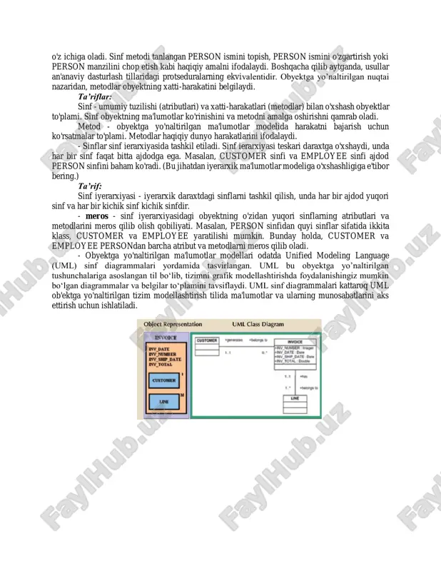 r, har xil turdagi aloqalar va operatsion protseduralarni o'z ichiga olganligi sababli, obyekt o'z-o'zidan bo'ladi va shu bilan uni hech bo'lmaganda potensial ravishda avtonom tuzilmalar uchun asosiy qurilish blokiga aylantiradi. oymm quyidagi komponentlarga asoslanadi: - obyekt - bu real olamning mavhumligi. umuman olganda, obyekt er modeli obyektiga ekvivalent deb hisoblanishi mumkin. aniqrog'i, obyekt mohiyatning faqat bitta hodisasini ifodalaydi. (obyektning semantik mazmuni ushbu ro'yxatdagi bir nechta elementlar orqali aniqlanadi.) - atributlar obyektning xususiyatlarini tavsiflaydi. masalan, person obyekt nomi, ijtimoiy himoya raqami va tug'ilgan sanasi atributlarini o'z ichiga oladi. - o'xshash xususiyatlarga ega bo'lgan obyektlar sinflarga guruhlangan. sinf - umumiy tuzilishga (atributlarga) va xatti-harakatlarga (metodlarga) ega bo'lgan o'xshash ob'ektlar to'plami. sinf obyekt to'plamidan farq qiladi, chunki u metodlar deb nomlanuvchi protseduralar to'plamini o'z ichiga oladi. sinf metodi tanlangan person ismini topish, person ismini o'zgartirish yoki person manzilini chop etish kabi haqiqiy amalni ifodalaydi. boshqacha qilib aytganda, usullar an'anaviy dasturlash tillaridagi protseduralarning ekvivalentidir. …