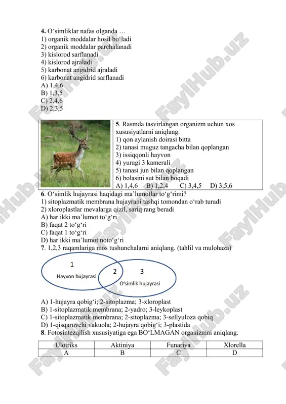 iks aktiniya funariya xlorella a b c d 9. qaysi javobda ro‘yxatdagi hayvon guruhlari sistematik birliklarga mos ravishda berilgan? hayvon guruhlari: 1) ayiqsimonlar 2) ayiqlar 3) qo‘ng‘ir ayiq 4) xordalilar 5) sutemizuvchilar 6) yirtqichlar sistematik birliklar: a) tip b) oila c) tur d) turkum e) sinf f) urug‘ a) 1-b; 2-c; 3-f; 4-a; 5-e; 6-d b) 1-b; 2-f; 3-c; 4-a; 5-e; 6-d c) 1-f; 2-b; 3-c; 4-e; 5-a; 6-d d) 1-b; 2-f; 3-a; 4-c; 5-d; 6-e 10. rasmda tasvirlangan organizm uchun xos xususiyatlarni aniqlang. 1) tana harorati doimiy 2) tanasi muguz tangacha bilan qoplangan 3) tuxum qo‘yib ko‘payadi 4) yuragi 3 kamerali 5) yuragi 4 kamerali 6) sovuqqonli hayvon a) 2,4,6 b) 1,3,5 c) 3,5,6 d) 1,2,5 11. har bir populyatsiya ekosistemada o‘z vazifasiga ega. populyatsiyalarning vazifalari haqidagi ma’lumotlar to‘g‘rimi? 1. redutsentlar – organik moddani anorganik moddalardan hosil qiluvchilar 2. produtsentlar – organik moddani anorganik moddalarga parchalovchilar a) har ikki …
