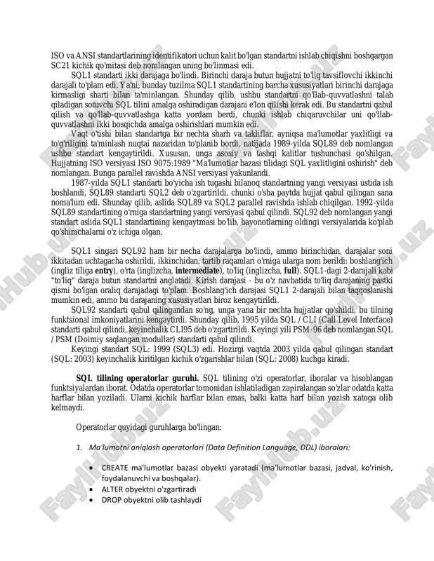 foydalanuvchidan xabarsiz ko’rib chiqadi. shunday qilib, sql deklarativ til bo’lib, nima qilish kerakligini aytadi, ammo qanday bajarilishini emas. bunday holda, sql vakili ma'lumotlarni o'chirish yoki o'zgartirish to'g'risidagi so'rovni shakllantiradi va uni bajarish algoritmi to'liq ma'lum bir mbbtga tegishlidir. agar bir xil natijani turli xil so'rovlar yordamida olish mumkin bo'lsa-da, dasturchi mbbtga kamroq yuk keltiradigan natijani tanlash yaxshidir. dasturchi uchun ma'lumotlar bazasi qanday ishlashi haqida tasavvurga ega bo'lish maqsadga muvofiqdir. sql ma'lumotlar bazasini boshqaruvchi vositadir. bunday holda, asosiy operatsiyalar jadvallar yaratish, jadvallarga eslatmalar qo'shish, yozuvlarni o'zgartirish va o'chirish, jadvallardan yozuvlarni tanlash, jadvallarning tuzilishini o'zgartirish kabilar bo’ladi. sql tilining standartlashtirilishi 1980-yillarning boshlariga kelib, turli ishlab chiqaruvchilar tomonidan ma'lumotlar bazasini boshqarish tizimining bir nechta variantlari mavjud edi va ularning har biri so'rovlar tilida o'z dasturlarini amalga oshirganligi sababli, dasturlarni bitta mbbt-dan boshqasiga o'tkazilishini kafolatlaydigan til standartini ishlab chiqishga qaror qilindi. 1983 yilda xalqaro standartlashtirish tashkiloti (iso) va amerika milliy standartlar instituti (ansi) sql …