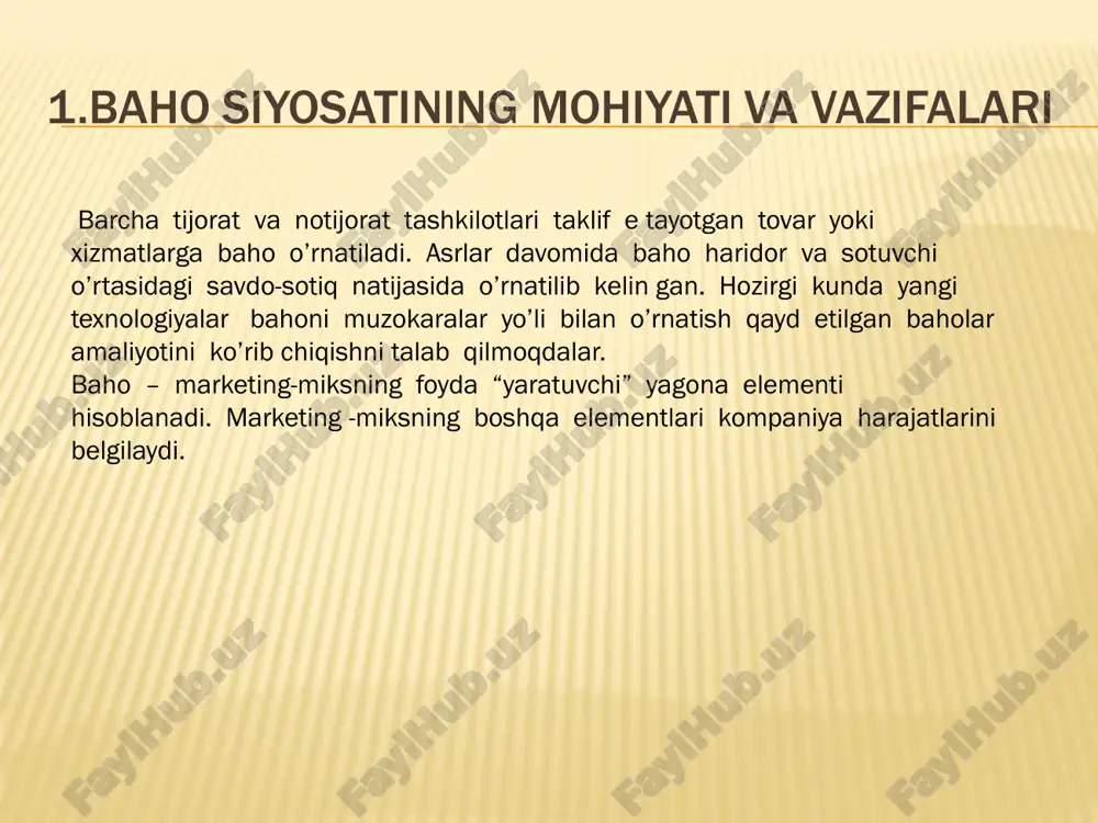 iqarilayotgan aniq tovar va tovarlar narxiga bo g’liq. firma (korxona) faoliyatining muhim yo’nalishlari bo’yicha marketing siyosatini ishlab chiqish bozor sharoitlariga aynan o’xshash boshqaruv tizimini yaratishga imkon beradi. bahoni shakllantirish siyosatini amalga oshirish jarayoni olti bosqichni o’z ichiga oladi •bahoni shakllantirish vazifalarini qo’yish •talabni aniqlash •xarajatlarni baholash •arajatlar, baho va raqobatchilar takliflarini tahlil qilish •bahoni shakllantirish metodlarini tanlash •yakuniy bahoni o’rnatish 2.baho o’rnatish, unga moslashish baho mehnat mahsulining qiymatini pul shaklida mahsulot muomalasi sharoitida almashtirish sohasidagi o’zgarishlar, mahsulot-pul munosabatlarini belgilashdir. bu marketing majmuasining tarkibiy qismi bo’lib , xo’jalik yurituvchi sub'ektlarning moliyaviy resurslari yig’ilishiga imkon yaratadi. (baho talab qilingan ma hsulot soni – savdodan kelgan mablag’). marketing doirasida boshqa barcha faoliyat (reklama, sotishni ra g’batlashntirish, bozorni tekshirish) harajat hisoblanadi vaishbilarmonlik daromadidan yoki kiritilgan mablag’dan foydani olish niyatida amalga oshiriladi. baho o’ziga xos rag’batlantirish samarasiga ega. xizmat ko’rsatish sohasiga va mahsulot muomalasi shakliga qarab narxlar quyidagi turlarga bo’linadi ulgurji baho chiqarish bahosi shartnomaviy …