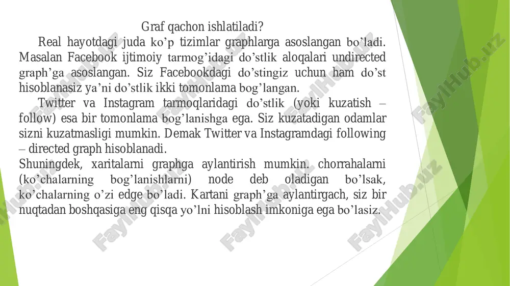 ataydilar, o‘z navbatida bu uch shu qirralarning xar biriga insidentdir. 3 va 5 uchlar yakkalangan, deyiladi, ular ko‘pi bilan sirtmoqlarga ega bo‘lishi mumkin. j i a1 2 4 3 5 e f g h d k c b ta’rif. bo‘sh bo‘lmagan x uchlar to‘plami va qirralar to‘plamidan tuzilgan tartiblangan g=(x,u) ba’zi adabiyotlarda g=(v,e) juftlik oddiy graf deb ataladi. petersen nomi bilan atalgan graf. graflar quyidagi xossalarga: chekli (qirralari va uchlari soni chekli), barcha qirralari yo‘naltirilmagan, sirtmoqlari va karrali qirrali yo‘q. bunday graflarga quyidagilar misol bo‘la oladi: graflar turlari graflar(graphs) yoʻnaltirilmagan grafiklar (undirected graphs) qirralar yo’nalishga ega emas(edges) yoʻnaltirilgan graflar (directed graphs) qirra– yoy(arcs, edges) yo’nalishga ega (1, 2) va (2, 1) – bir xil qirralar (1, 3) va (3, 1) – turli xil qirralar! asosiy atamalar tugun (vertex, node) qirra (edge, link) qo’shni tugunlar (adjacent vertices) (4, 6) qirralar insedent (incident) yo’l (path) - bu grafdagi cho'qqilar (tugunlar) ketma-ketligi bo'lib, …