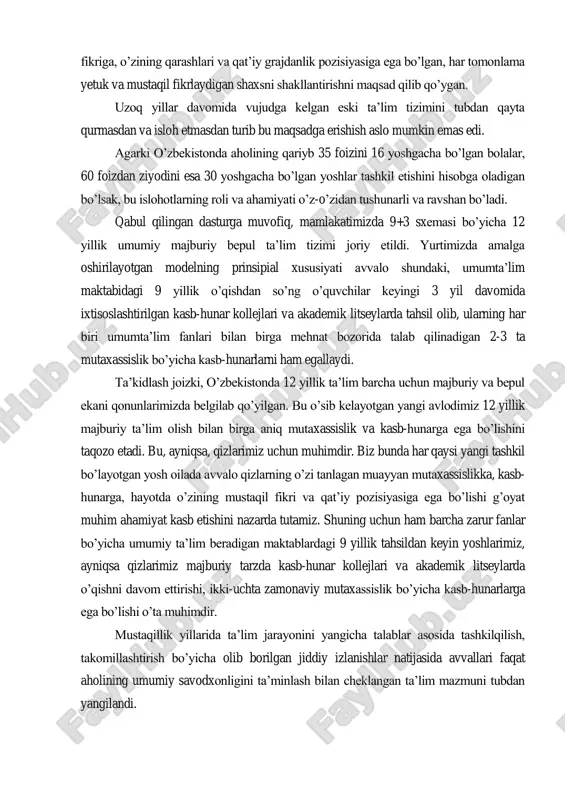 , bu dastur o‟z fikriga, o‟zining qarashlari va qat‟iy grajdanlik pozisiyasiga ega bo‟lgan, har tomonlama yetuk va mustaqil fikrlaydigan shaxsni shakllantirishni maqsad qilib qo‟ygan. uzoq yillar davomida vujudga kelgan eski ta‟lim tizimini tubdan qayta qurmasdan va isloh etmasdan turib bu maqsadga erishish aslo mumkin emas edi. agarki o‟zbekistonda aholining qariyb 35 foizini 16 yoshgacha bo‟lgan bolalar, 60 foizdan ziyodini esa 30 yoshgacha bo‟lgan yoshlar tashkil etishini hisobga oladigan bo‟lsak, bu islohotlarning roli va ahamiyati o‟z-o‟zidan tushunarli va ravshan bo‟ladi. qabul qilingan dasturga muvofiq, mamlakatimizda 9+3 sxemasi bo‟yicha 12 yillik umumiy majburiy bepul ta‟lim tizimi joriy etildi. yurtimizda amalga oshirilayotgan modelning prinsipial xususiyati avvalo shundaki, umumta‟lim maktabidagi 9 yillik o‟qishdan so‟ng o‟quvchilar keyingi 3 yil davomida ixtisoslashtirilgan kasb-hunar kollejlari va akademik litseylarda tahsil olib, ularning har biri umumta‟lim fanlari bilan birga mehnat bozorida talab qilinadigan 2-3 ta mutaxassislik bo‟yicha kasb-hunarlarni ham egallaydi. ta‟kidlash joizki, o‟zbekistonda 12 yillik ta‟lim barcha uchun majburiy …
