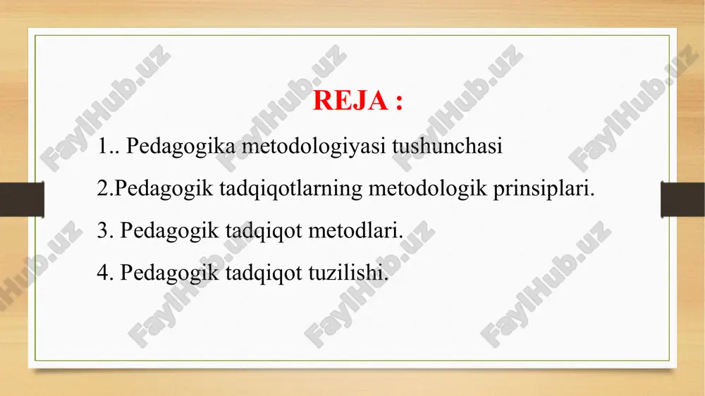 ning uchun ko‘plab mutaxassislar ijtimoiy, gumanitar va tabiiy fanlarning falsafiy asosini dialektika tashkil qiladi deb hisoblaydilar. ularning fikricha, dialektika qoidalari butun bir pedagogik tizimdagi ta’lim va tarbiya shakllari va jarayonlari uchun umumiydir. shuning uchun zarur falsafiy nazariyalar har qanday fan bilan o‘zaro aloqadordir. maxsus ilmiy metodologiyaning darajalari : umummilliy aniq ilmiy texnologik umumilmiy metodologiya ilmiy bilishning universal prinsiplari, vositalari, shakllari bilan xarakterlanadi. texnologik metodologiya tadqiqot texnikasi va metodikasidan iborat bo‘lib, empirik materiallarni ishonchliligini va qayta ishlanishini ta’minlaydi. aniq ilmiy metodologiya aniq bir fan doirasida bilishning maxsus prinsiplarini, vositalarini va shakllarini ifodalaydi. 2. pedagogik reallikni bilish, tushuntirish, uni rivojlanishini oldindan aniqlash uchun pedagogik tadqiqotlar o‘tkaziladi. pedagogik tadqiqot — bu ta’lim-tarbiya qonuniyatlari, uning tuzilishi va mexanizmlari, mazmuni, prinsiplari va texnologiyalari to‘g‘risidagi yangi bilimlarni olishga yo‘naltirilgan ilmiy faoliyat natijasi va jarayonidir. pedagogik tadqiqotlar nazariy va tajriba-eksperimental xarakterda bo‘lishi mumkin. pedagogik tadqiqotlar yo‘nalishiga ko‘ra fundamental, amaliy va tavsiya (ishlanma) turlarga bo‘linadi. pedagogik tadqiqotlarni tashkil …