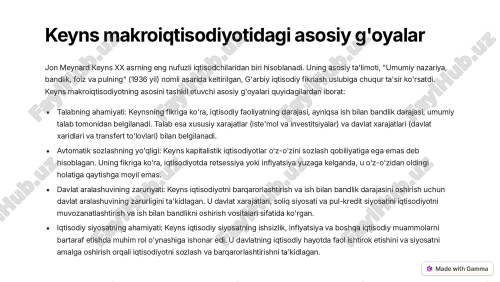 otda faol ishtirok etishini va siyosatni amalga oshirish orqali iqtisodiyotni sozlash va barqarorlashtirishni ta'kidlagan. https://gamma.app/?utm_source=made-with-gamma ish bilan bandlik va jahon iqtisodiyoti keynsning asosiy fikrlaridan biri ish bilan bandlikning umumiy talabga bog'liqligi edi. u ishsizlikni talabning etishmasligi natijasi deb hisoblagan va shuning uchun ish bilan bandlikni oshirish uchun talabni rag'batlantirish zarurligini ta'kidlagan. keyns davlat xarajatlarini ko'paytirish, soliqlarni kamaytirish yoki investitsiyalarni rag'batlantirish kabi siyosat choralari orqali talabni oshirishni taklif qilgan. keyns global iqtisodiyotni ham o'z ishlarida o'rganib chiqqan. u jahon savdosini va valyuta kursi o'zgarishlarini iqtisodiyotga ta'sir ko'rsatuvchi muhim omillar sifatida ko'rgan. keyns jahon savdosini tartibga solish, valyuta kurslarini barqarorlashtirish va xalqaro hamkorlikni kuchaytirish orqali global iqtisodiyotni barqarorlashtirishni taklif qilgan. https://gamma.app/?utm_source=made-with-gamma pul va foiz stavkasi keyns pulning iqtisodiyotdagi rolini o'rganishda pulni talabning bir qismi deb hisoblagan. u pulga bo'lgan talabni uchta asosiy omilga bog'lagan: tranzaktsion talab, ehtiyotkorlik talabi va spekulativ talab. keyns foiz stavkasining investitsiyalarni rag'batlantirishda muhim rol o'ynashini ta'kidlagan. u foiz …