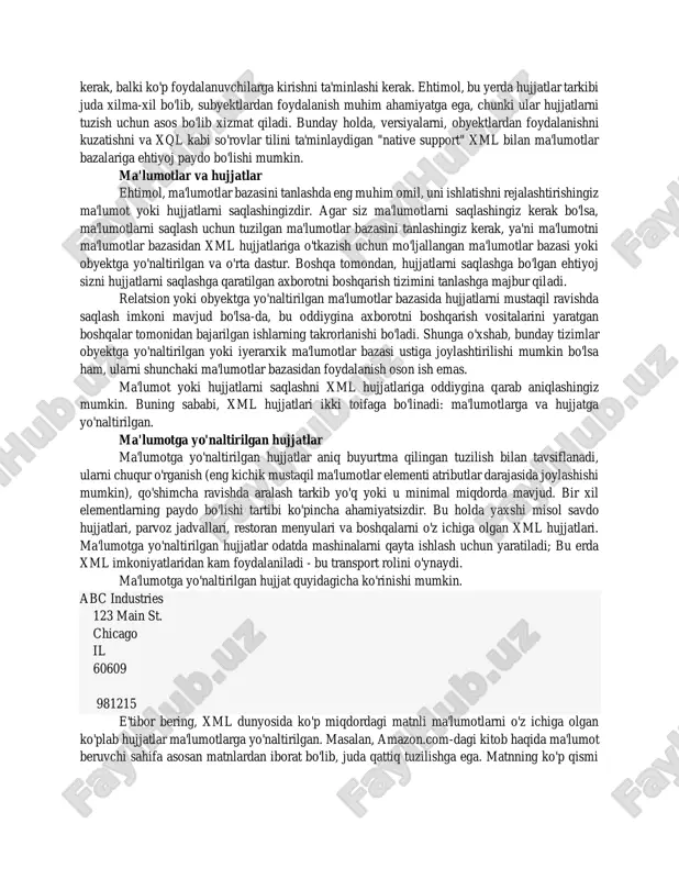rib chiqishda birinchi narsa tushuniladi, nima uchun ikkinchisi asosiy vositaga aylanishi kerak. eskirgan ma'lumotlarga kirish kerakmi? web-sahifalarni saqlash uchun sizga bo'sh joy kerakmi? ma'lumotlar bazasi vositani xml sifatida ishlatadigan elektron tijorat dasturi tomonidan ishlatiladimi? ushbu savollarga javoblar ma'lumotlar bazasi va o'rta dasturlarni (agar mavjud bo'lsa) tanlashga, shuningdek ma'lumotlar bazasidan qanday foydalanilishiga ta'sir qiladi. masalan, siz ma'lumot uzatish sifatida xml-dan foydalanadigan elektron tijorat dasturidan foydalanyapsiz. ma'lumotlar katta strukturaga ega va xml hujjatlarida ishlatiladigan obyektlar va kodlashlar kabi jihatlar juda muhim emas, deb aytish mumkin, chunki bu hujjatda qanday saqlanishiga emas, balki ma'lumotlarning o'zi uchun ham muhimdir. agar siz nisbatan oddiy dasturdan foydalansangiz, ma'lumotlarning uzatilishi sifatida aloqador ma'lumotlar bazasi va o'rta dastur barcha talablarni qondirishi mumkin. agar dastur katta va murakkab bo'lsa, xmlni qo'llab- quvvatlaydigan to'liq dasturni ishlab chiqish muhiti talab qilinadi. boshqa tomondan, asosan matnli ma'lumotlarni o'z ichiga olgan ko'plab xml hujjatlari bo'lgan web-saytlarni saqlash kabi muammolar yuzaga keladi. bunday sayt …