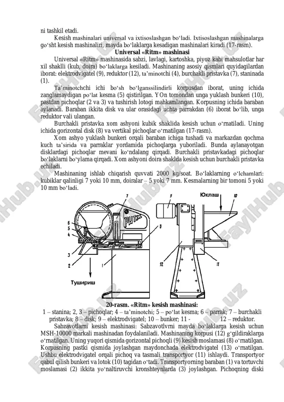 ‘laklarga kesadigan mashinalari kiradi (17-rasm). universal «ritm» mashinasi universal «ritm» mashinasida sabzi, lavlagi, kartoshka, piyoz kabi mahsulotlar har xil shaklli (kub, doira) bo‘laklarga kesiladi. mashinaning asosiy qismlari quyidagilardan iborat: elektrodvigatel (9), reduktor (12), ta’minotchi (4), burchakli pristavka (7), staninada (1). ta’minotchchi ichi bo‘sh bo‘lganssilindirli korpusdan iborat, uning ichida zanglamaydigan po‘lat kesma (5) qistirilgan. yon tomondan unga yuklash bunkeri (10), pastdan pichoqlar (2 va 3) va tushirish lotogi mahkamlangan. korpusning ichida baraban aylanadi. baraban ikkita disk va ular orasidagi uchta parrakdan (6) iborat bo‘lib, unga reduktor vali ulangan. burchakli pristavka xom ashyoni kubik shaklida kesish uchun o‘rnatiladi. uning ichida gorizontal disk (8) va vertikal pichoqlar o‘rnatilgan (17-rasm). xom ashyo yuklash bunkeri orqali baraban ichiga tushadi va markazdan qochma kuch ta’sirida va parraklar yordamida pichoqlarga yuboriladi. bunda aylanayotgan disklardagi pichoqlar mevani ko‘ndalang qirqadi. burchakli pristavkadagi pichoqlar bo‘laklarni bo‘ylama qirqadi. xom ashyoni doira shaklda kesish uchun burchakli pristavka echiladi. mashinaning ishlab chiqarish quvvati …