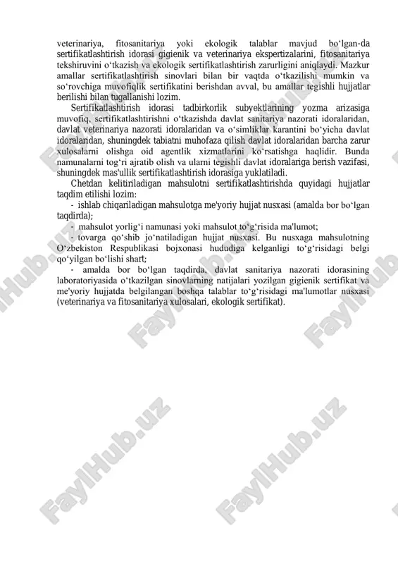 rtifikat-lashtirishning 3, 4 va sxemalari uchun); z) sifat tizimini baholash (5 va 6-sxemalari uchun); i) mahsulotning muvofiqligi to‘g‘risida deklaratsiya yozish (9-sxema); k) olingan natijalarni tahlil qilish, muvofiqlik sertifikatini berish yoki uni berishdan voz kechish; m) muvofiqlik sertifikatini o‘zbekiston respublikasi sertifikat-lashtirish milliy tizimi davlat reestrida ro‘yxatdan o‘tkazish. sertifikatlashtirishga taqdim etilgan mahsulot me'yoriy hujjatida gigienik, veterinariya, fitosanitariya yoki ekologik talablar mavjud bo‘lgan-da sertifikatlashtirish idorasi gigienik va veterinariya ekspertizalarini, fitosanitariya tekshiruvini o‘tkazish va ekologik sertifikatlashtirish zarurligini aniqlaydi. mazkur amallar sertifikatlashtirish sinovlari bilan bir vaqtda o‘tkazilishi mumkin va so‘rovchiga muvofiqlik sertifikatini berishdan avval, bu amallar tegishli hujjatlar berilishi bilan tugallanishi lozim. sertifikatlashtirish idorasi tadbirkorlik subyektlarining yozma arizasiga muvofiq, sertifikatlashtirishni o‘tkazishda davlat sanitariya nazorati idoralaridan, davlat veterinariya nazorati idoralaridan va o‘simliklar karantini bo‘yicha davlat idoralaridan, shuningdek tabiatni muhofaza qilish davlat idoralaridan barcha zarur xulosalarni olishga oid agentlik xizmatlarini ko‘rsatishga haqlidir. bunda namunalarni tog‘ri ajratib olish va ularni tegishli davlat idoralariga berish vazifasi, shuningdek mas'ullik sertifikatlashtirish …
