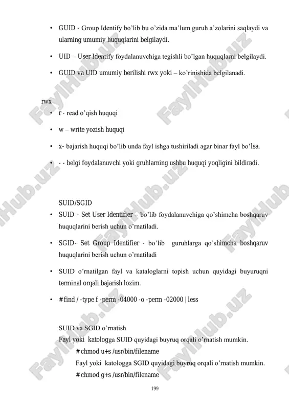 b keladi shuning uchun hamma foydalanuvchilarga yozish huquqi bo‘lgan bo‘limlarga nosuid atributini o‘rnatish lozim. # cat /etc/fstab | grep tmp /dev/da0p4/tmp ufs rw, noexec, noatime, nosuid 2 2 firewall firewall –(olovli devor ) ma‘nosini anglatib tarmoqning havsizligini ta‘minlash imkonini beradi. har qanday kiruvchi paketlar firewall orqali o‘tadi shu sababli zararli fayllarni ushlab qoladi. linux firewall dasturlari. linux operatsion tizimi yadrosida iptables/netfilter dasturini o‘zi boshlang‘ich firewall vazifasini o‘taydi ushbu dasturni o‘rnaish shart emas. bundan tashqari qo‘shimcha dasturlar ham mavjud bo‘lib ularni o‘rnatish orqali tarmoq havsizligini oshirish mumkin. • ipcop firewall 201 • shorewall • ufw – uncomplicated firewall • smoothwall & smoothwall express… antivirus dasturlari linux operatsion tizimida antivirus dasturlari orasida eng keng foydalaniladigan antivirus dasturiga comodo antivirusi kiradi.umumiy ma‘lumotlarni quyidagi saytdan olish mumkin https://www.comodo.com undan tashqari boshqa antivirus ishlab chiqaruvchi kompaniyalar ham linux uchun antivirus dasturlarini ishlab chiqarilmoqda. masofadan boshqarish linux operatsion tizimini masofadan boshqarish uchun ssh server dasturini yoki …