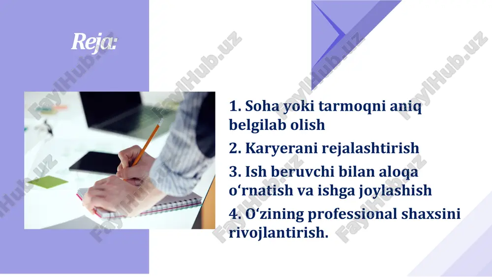 liy tajriba orttirish uchun stajirovka dasturlarida qatnashing. https://gamma.app/?utm_source=made-with-gamma o'z talablaringizni baholang qiziqishlar qanday sohalar sizni qiziqtiradi? ko'nikmalar qanday ko'nikmalarga egasiz? qadriyatlar siz uchun nima muhim (maosh, barqarorlik)? o'zingizga mos ish muhitini aniqlash uchun shaxsiy xususiyatlaringizni ham hisobga oling. https://gamma.app/?utm_source=made-with-gamma imkoniyatlarni aniq aniqlash bozor talabi qaysi sohalarda ish o'rinlari ko'p? o'sish istiqbollari qaysi sohalar kelajakda rivojlanadi? kompensatsiya soha bo'yicha o'rtacha maosh qancha? o'zingizga mos ish o'rinlari joylashgan hududlarni va soha bo'yicha o'rtacha maoshni aniqlang. https://gamma.app/?utm_source=made-with-gamma o'zbekistonda tarmoqlar bo'yicha o'rtacha oylik nominal ish haqi tarmoqlar/yillar 2017 2018 2020 2023 2024 2024/2017, % qishloq, o‘rmon va baliq xo‘jaligi 885127 1162078 1694689 2706771 2 913 765,7 3,3 tog`-kon sanoati va ochiq konlarni ishlash 2974667 3733996 5998054 8325349,9 9 132 781,7 3,1 ishlab chiqarish sanoati 2073179 2737040 3408654 5456852,7 6 180 970,1 3,0 energetika 1880254 2632230 3446346 6588455 7 471 403,1 4,0 suv bilan ta'minlash 1079953 1297396 1794059 2871316 4 171 642 3,9 qurilish 1777872 …