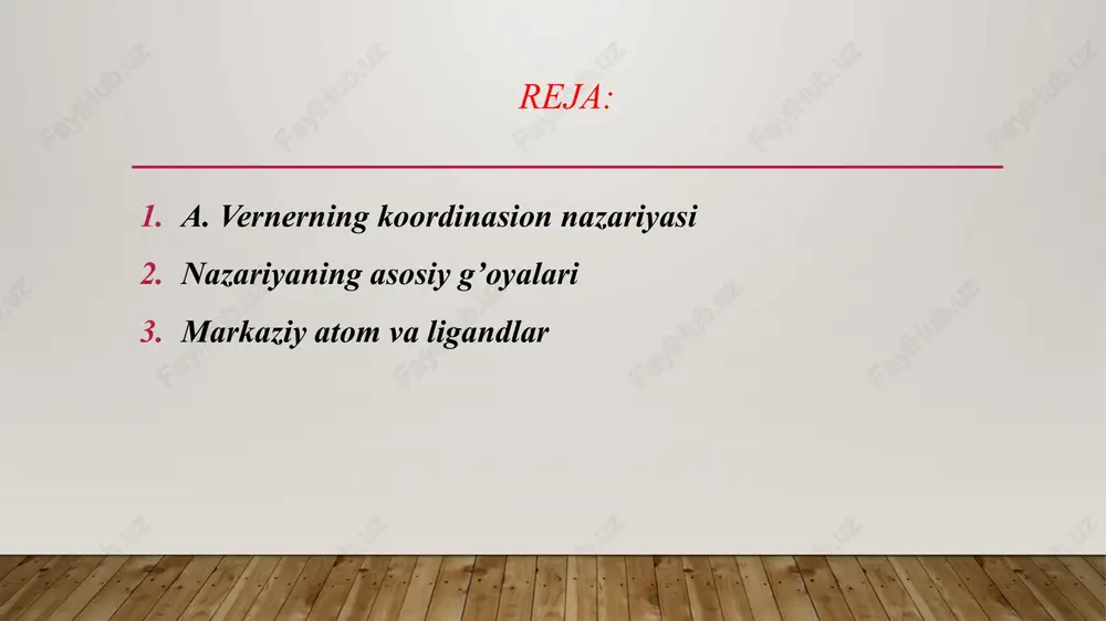 n birikmalar deb ham ataladi. kompleks birikmalar ko‘pincha anorganik va bioorganik kimyoda muhim rol o‘ynaydi. kompleksning tuzilishi kompleks birikma quyidagi qismlardan iborat: markaziy atom yoki ion (kompleks hosil qiluvchi) – ko‘pincha metall ion bo‘ladi (masalan, cu²⁺, fe³⁺, co²⁺). ligandlar – markaziy ion bilan koordinatsion bog‘ hosil qiluvchi atom yoki ionlar guruhi. ligandlar bir, ikki yoki ko‘p bog‘ orqali ulanadi. koordinatsion son (n) – markaziy ion bilan bog‘langan atomlar soni. masalan: [cu(nh3)4]so4[cu(nh₃)₄]so₄[cu(nh3​)4​]so4​ bu yerda cu²⁺ – markaziy ion, nh₃ – ligand, koordinatsion son = 4. 3. ligandlar turlari monodentat – bitta atom orqali bog‘lanadi (masalan, h₂o, nh₃, cl⁻). bidentat – ikkita atom orqali bog‘lanadi (masalan, etilendiamin – en). polidentat – bir nechta bog‘ hosil qiladi (masalan, edta⁴⁻). koordinatsion bog‘ koordinatsion bog‘ — bu markaziy ion va ligand o‘rtasida hosil bo‘ladigan bog‘ bo‘lib, elektron juftni ligand beradi, markaziy ion esa uni qabul qiladi. bunda donor-akseptor mexanizmi ishlaydi. kompleks birikmalarning nomlanishi kompleks birikmalar …