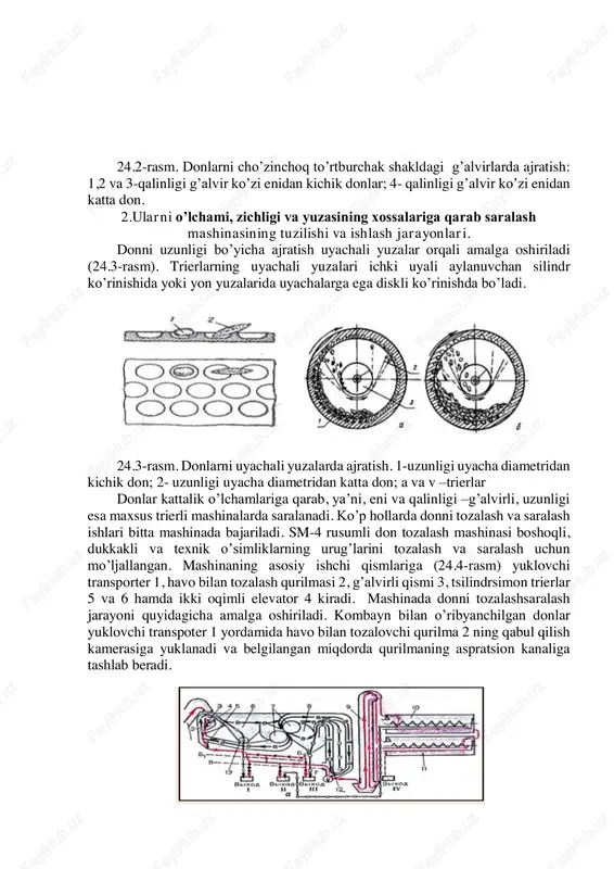 anch iboralar: mahsulotlarni saralash usullari, mexanizatsiyalash asoslari, texnologik jarayonlar va mashinalar turi, mashinaning ishchi qismlari. 24.2-rasm. donlarni cho’zinchoq to’rtburchak shakldagi g’alvirlarda ajratish: 1,2 va 3-qalinligi g’alvir ko’zi enidan kichik donlar; 4- qalinligi g’alvir ko’zi enidan katta don. 2.ularni o’lchami, zichligi va yuzasining xossalariga qarab saralash mashinasining tuzilishi va ishlash jarayonlari. donni uzunligi bo’yicha ajratish uyachali yuzalar orqali amalga oshiriladi (24.3-rasm). trierlarning uyachali yuzalari ichki uyali aylanuvchan silindr ko’rinishida yoki yon yuzalarida uyachalarga ega diskli ko’rinishda bo’ladi. 24.3-rasm. donlarni uyachali yuzalarda ajratish. 1-uzunligi uyacha diametridan kichik don; 2- uzunligi uyacha diametridan katta don; a va v –trierlar donlar kattalik o’lchamlariga qarab, ya’ni, eni va qalinligi –g’alvirli, uzunligi esa maxsus trierli mashinalarda saralanadi. ko’p hollarda donni tozalash va saralash ishlari bitta mashinada bajariladi. sm-4 rusumli don tozalash mashinasi boshoqli, dukkakli va texnik o’simliklarning urug’larini tozalash va saralash uchun mo’ljallangan. mashinaning asosiy ishchi qismlariga (24.4-rasm) yuklovchi transporter 1, havo bilan tozalash qurilmasi 2, …