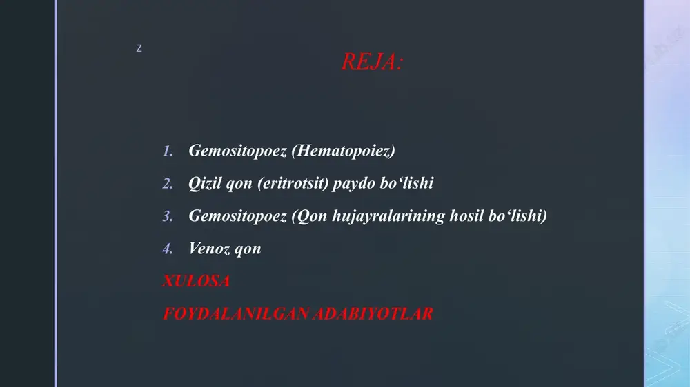 holat) bo‘lishini va bo‘linishini boshqaradi. proliferatsiya va differensiyalash jarayonlari o‘sish omillari, interleykinlar va koloniyalarni stimulyatsiyalovchi omillar yordamida tartibga solinadi. z jarayon bosqichlari: stam hujayra (hsc) multipotent progenitor myeloid yoki limfoid progenitor: myeloid liniya → eritroid hujayralar, megakaryositlar, granulositlar, monotsitlar limfoid liniya → limfotsitlar klinik jihatlar: agar gemopoetik ilik shikastlansa, qon hujayralari taloq yoki jigar kabi boshqa organlarda hosil bo‘lishi mumkin (ekstremedullary hematopoiez). homeostaz saqlanishi muhim — hujayralar yetishmasligi yoki ortiqcha hosil bo‘lishi patologik holatni bildiradi. z eritropoez (qizil qon hujayralarining paydo bo‘lishi) ta’rif: eritropoez — qizil qon hujayralari (eritrotsitlar) hosil bo‘lishiga xos gemopoetik jarayon. bosqichlari: stam hujayra → myeloid progenitor megakaryocyte-erythroid progenitor (mep) proerythroblast bazofilik eritroblast polixromatik eritroblast ortokromatik eritroblast (normoblast) retikulosit yetuk eritrotsit z boshqaruv: asosiy stimulyator — eritropoetin (epo), buyraklar tomonidan ishlab chiqariladi va eritropoezni rag‘batlantiradi. temir, foliy kislotasi (b9), b12 vitamini yetishmasligi eritropoez kechikishiga olib keladi. qo‘shimcha tafsilotlar: eritrotsitlar yadroni yo‘q qiladi, bu ularni elastik qiladi va …