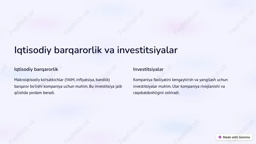 lik yaratadi. https://gamma.app/?utm_source=made-with-gamma bank tizimi va kreditlash shartlari kredit mablag'lari kompaniyalar investitsiya va faoliyatlarini moliyalashtirish uchun bank kreditlaridan foydalanadilar. kreditlash shartlari foiz stavkalari, muddatlar va boshqa shartlar kompaniyalar uchun muhim. bank tizimi bank siyosati va xizmatlar kompaniyalar uchun katta ahamiyatga ega. https://gamma.app/?utm_source=made-with-gamma ish haqi va ish kuchi taklifi ish haqi kompaniyalar xodimlarini samarali jalb qilish uchun bozordagi ish haqi darajasini hisobga olishlari kerak. ish kuchi taklifi kompaniyalar kerakli malakali xodimlarni topish va ushlab qolish uchun mehnat bozorini diqqat bilan kuzatishlari lozim. ekspertlik ish haqi va ish kuchi taklifi haqidagi batafsil ma'lumotlar kompaniya raqobatdoshligini ta'minlaydi. https://gamma.app/?utm_source=made-with-gamma xom ashyo va materiallar narxlari 1 xom ashyo xom ashyo narxlari kompaniya ishlab chiqarish xarajatlarini belgilaydi. 2 materiallar materiallar narxlari ham kompaniya rentabelligiga ta'sir ko'rsatadi. 3 natija xom ashyo va materiallar narxlarini boshqarish kompaniya faoliyati uchun muhimdir. https://gamma.app/?utm_source=made-with-gamma energiya va kommunal xizmatlar narxlari elektr energiyasi tabiiy gaz suv kompaniyalar uchun muhim omil bo'lib, ularning ishlab …