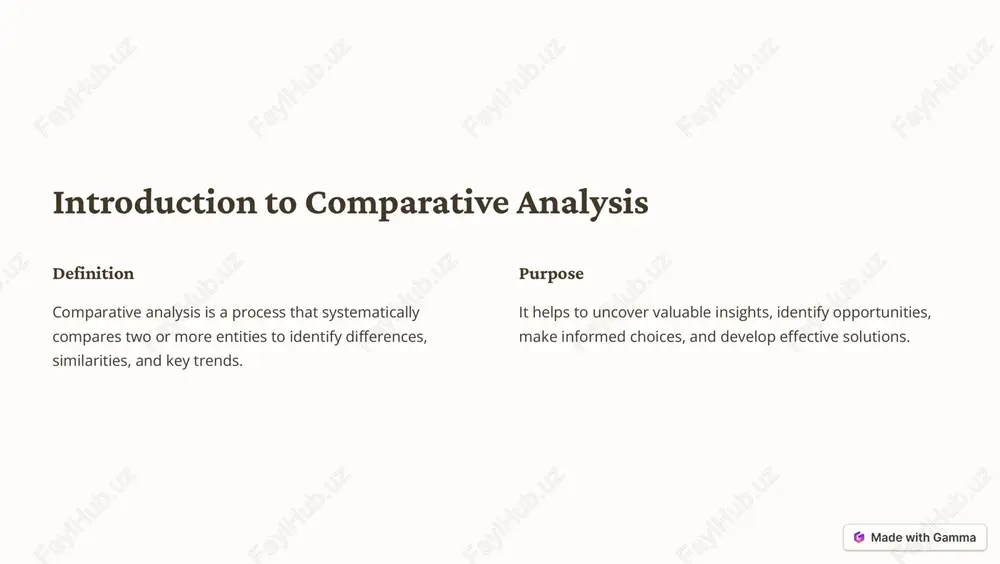 lth. https://gamma.app/?utm_source=made-with-gamma qualitative comparison frameworks content analysis examine text data, such as documents, transcripts, or reviews, to identify themes, patterns, and emerging trends. case studies in-depth investigations of specific situations, providing insights into cause-and-effect relationships and best practices. comparative ethnography explore cultures and contexts through participant observation and interviews, generating rich insights into practices and values. https://gamma.app/?utm_source=made-with-gamma identifying trends and patterns 1 data visualization use charts, graphs, and other visual tools to present data clearly and effectively, identifying patterns and trends. 2 clustering techniques group similar data points, revealing clusters, and uncovering hidden relationships and patterns within the data. 3 trend analysis identify emerging trends, seasonal variations, and long-term patterns, providing insights into future expectations. https://gamma.app/?utm_source=made-with-gamma evaluating strengths and weaknesses 1 swot analysis 2 strengths identify key advantages, capabilities, and assets of each entity. 3 weaknesses recognize areas for improvement, limitations, and potential vulnerabilities. 4 opportunities explore external factors that …
