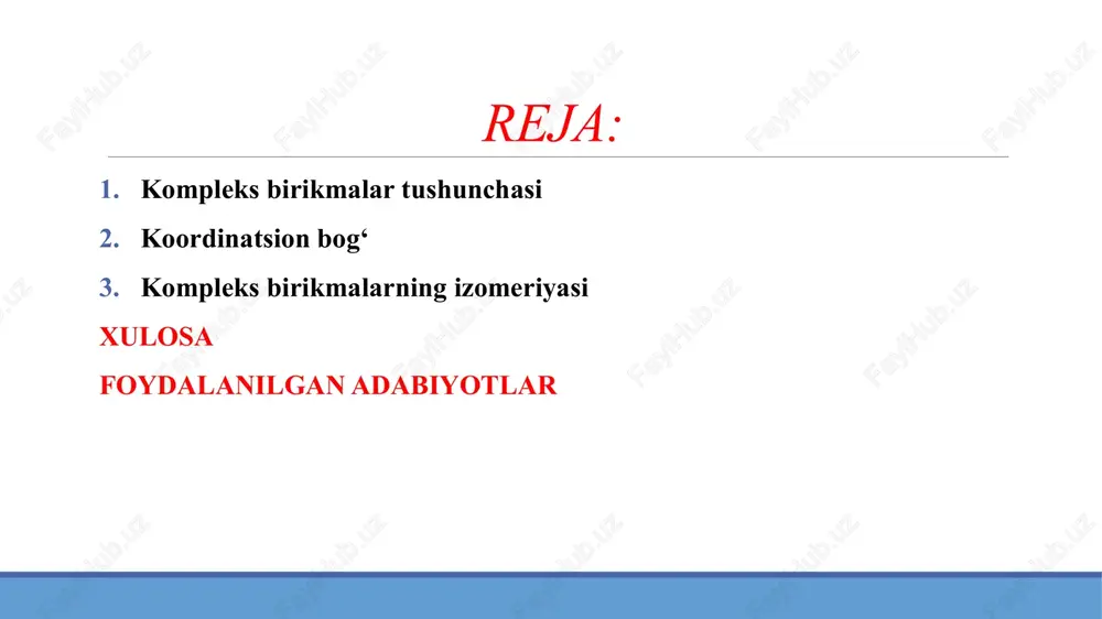 ar (cis- va trans-) optik izomerlar (o‘ng va chap aylantiruvchi shakllar) ionlashuv izomerlari bog‘lanish izomerlari kompleks birikmalarning ahamiyati komplekslar: tibbiyotda – gemoglobin, b₁₂ vitamini, sisplatin kabi dori vositalarida; sanoatda – katalizator sifatida (masalan, [ptcl₆]²⁻); biokimyoda – fermentlar tarkibida (masalan, fe va mg komplekslari); analitik kimyoda – rangli komplekslar yordamida ionlarni aniqlashda ishlatiladi. kompleks hosil qiluvchi sistema rangining o‘zgarishini tekshirish orqali ko‘pincha birikma tarkibini va uning barqaror yoki beqaror ekanligini aniqlash mumkin. komplekslarning infraqizil nur yutishini o‘rganish orqali birikma tarkibidagi atomlararo bog‘lanish xarakterini bilib olish mumkin. koordinatsion birikmalarni olish. koordinatsion birikmalar olishda quyidagi sintez usullar idan foydalaniladi : 1)muvozanatli va 2) genealogik sintezlar. muvozanatlar sintezda asosiy rolni termodinamik munosabatlar bajaradi. bunda «mahsulotlar» energetik manfaat jihatidan dastlabki moddalardan ko‘ra afzalroq bo‘lishi kerak. bunda reaksiyalarning mexanizmi ikkinchi darajali hisoblanadi, ba’zan «mahsulotlarning» tuzilishi dastlabki moddalarning tuzilishidan umuman boshqacha bo‘lishi mumkin. uzoq vaqt olib borilgan tadqiqotlar natijasida xix asrning oxirlariga kelib, barcha kimyoviy birikmalar ikki …