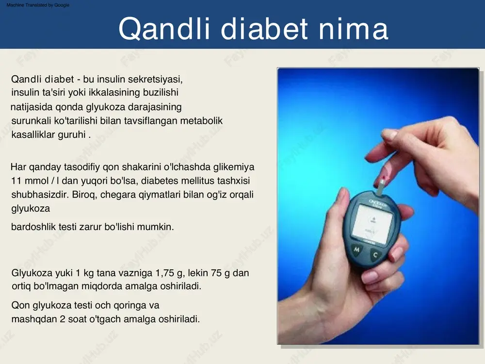 tanaga kiradigan glyukozaning katta qismi qon oqimida qoladi. 1-toifa diabet - bu irsiy moyillikka ega bo'lgan kasallik bo'lib, 1-toifa diabet ona tomonidan 3-7% ehtimollik bilan, ota-ona tomonidan taxminan 10%, agar ikkala ota-ona kasal bo'lsa, unda. 65% gacha. shuningdek, birinchi darajali oila a'zolarida 2-toifa diabetning mavjudligi ham 1-toifa diabet rivojlanish xavfini oshiradi. 1-toifa diabet , odatda, otoimmün jarayon natijasida oshqozon osti bezi beta hujayralarining yo'q qilinishi tufayli bolalik yoki yoshlik davrida rivojlanadi . machine translated by google qanaqasiga: • oshqozon osti bezining turli jarohatlari • beta hujayralarining shikastlanishi bilan kechadigan oshqozon osti bezining yallig'lanish kasalliklari. kabi organizmga turli omillar ta'siri natijasida rivojlanishi mumkin bo'lgan kasallik 1-toifa diabet otoimmündir • suvchechak, qizilcha, gepatit, parotit kabi virusli infektsiyalar. • bu omillarning irsiy moyillik bilan uyg'unligi va qandli diabetga chalingan qarindoshlarning mavjudligi diabetning rivojlanish xavfini bir necha bor oshiradi. sabablari • surunkali stress, asabiy buzilishlar. machine translated by google siydikda glyukoza paydo bo'ladi - …
