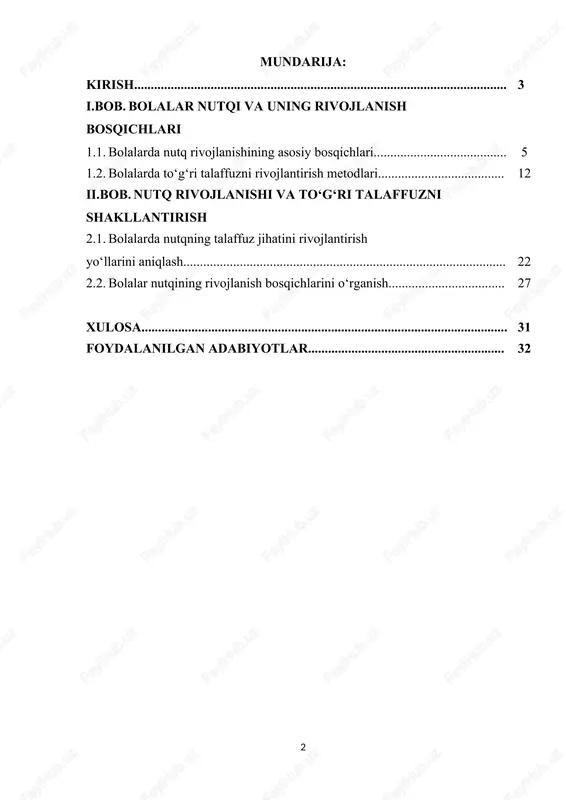 ar tomonidan bolalarning nutqini rivojlantirish masalalariga katta e’tibor qaratilmoqda. shu bilan birga, talaffuzni shakllantirish jarayonida logopedik va pedagogik metodlarning samarali qo‘llanilishi, shuningdek zamonaviy texnologiyalardan foydalanish imkoniyatlari ham kengayib bormoqda. shu sababli, nutq rivojlanishi va to‘g‘ri talaffuzni shakllantirish masalasi nafaqat nazariy, balki amaliy jihatdan ham katta ahamiyatga ega. ish davomida quyidagi vazifalar amalga oshiriladi: bolalar nutqining rivojlanish bosqichlarini o‘rganish, talaffuzning tarkibiy qismlari va nutq madaniyatidagi ahamiyatini aniqlash, bolalarda to‘g‘ri talaffuzni rivojlantirish metodlarini tahlil qilish va amaliy tadqiqot o‘tkazish orqali natijalarni baholash. shunday qilib, nutqning to‘g‘ri talaffuzi nafaqat bolalarning kommunikativ qobiliyatini oshiradi, balki ularning ijtimoiy moslashuvi, psixologik barqarorligi va umumiy intellektual rivojlanishiga sezilarli ta’sir ko‘rsatadi. shu nuqtai nazardan, ushbu kurs ishining mavzusi dolzarb va amaliy jihatdan muhim ahamiyatga ega ekanligi yaqqol ko‘rinadi. kurs ishining maqsadi:ushbu kurs ishining maqsadi – bolalarda nutq rivojlanishini chuqur o‘rganish, to‘g‘ri talaffuzning nutq madaniyati va kommunikativ qobiliyatga ta’sirini aniqlash hamda talaffuzni shakllantirishda pedagogik va logopedik metodlarning samaradorligini tahlil …