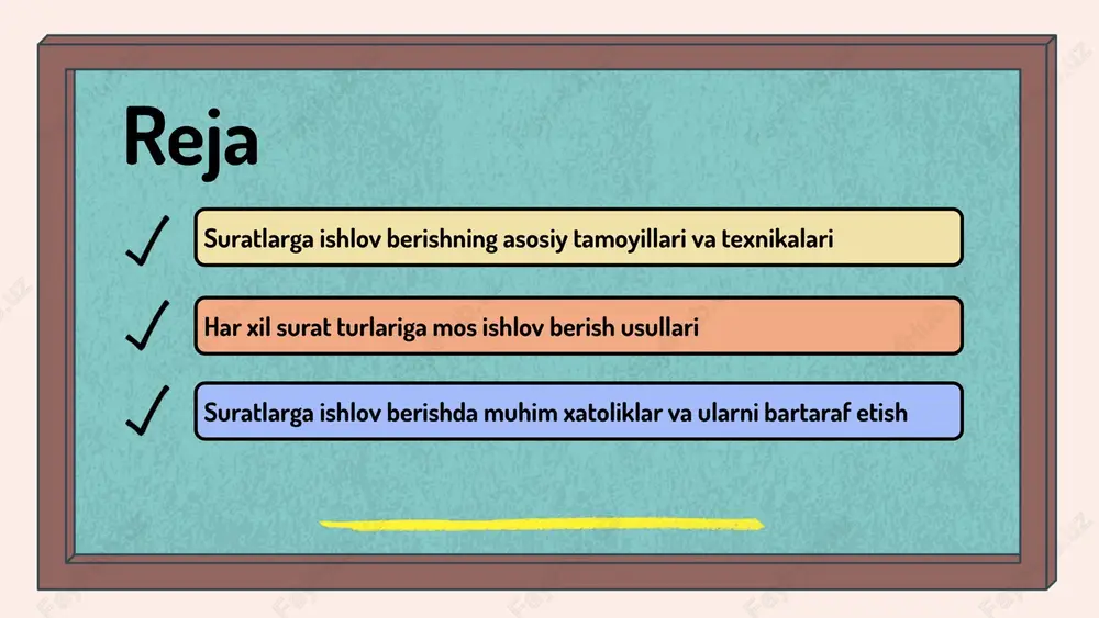 angan bo'lishi kerak, shuningdek, professional fotografiya va grafik dizaynda muhim rol o'ynaydi. to'g'ri usulni tanlash uchun surat turlarini aniqlash va analitik yondashuv muhim. bu, suratni yanada jozibador qilish va mazmunini kuchaytirish uchun mos texnikalarni qo'llashda yordam beradi. photo by andrew neel on unsplash 1 2 3 suratlarni ishlov berish jarayonlari suratlarni tayyorlashda ranglar, kontrast va yorug'lik muhim. to'g'ri tanlovlar suratning vizual ta'sirini kuchaytiradi va ma'lumot uzatishni yaxshilaydi. suratlarni tahrirlash uchun dasturlar va texnikalar mavjud. photoshop va gimp yordamida ranglarni moslashtirish, kesish va effektlar qo'shish mumkin. qatlamlar va maskalar ishlatiladi. yakuniy natijalarni baholashda estetik va kommunikativ samaradorlik o'rganiladi. original va tahrirlangan suratlar farqi va ma'lumot uzatish effektlari tahlil qilinadi. suratlarga ishlov berishda muhim xatoliklar suratlarga ishlov berishda tez-tez uchraydigan xatoliklar: noto'g'ri kesim, rang buzilishi, yoritish muammolari va rang balansining buzilishi. sabablari: texnik nosozliklar, noto'g'ri usul va mos kelmaslik. aniqlash usullari: o'lchov asboblari va nazorat. ularni bartaraf etish uchun texnika, texnik ko'rik …