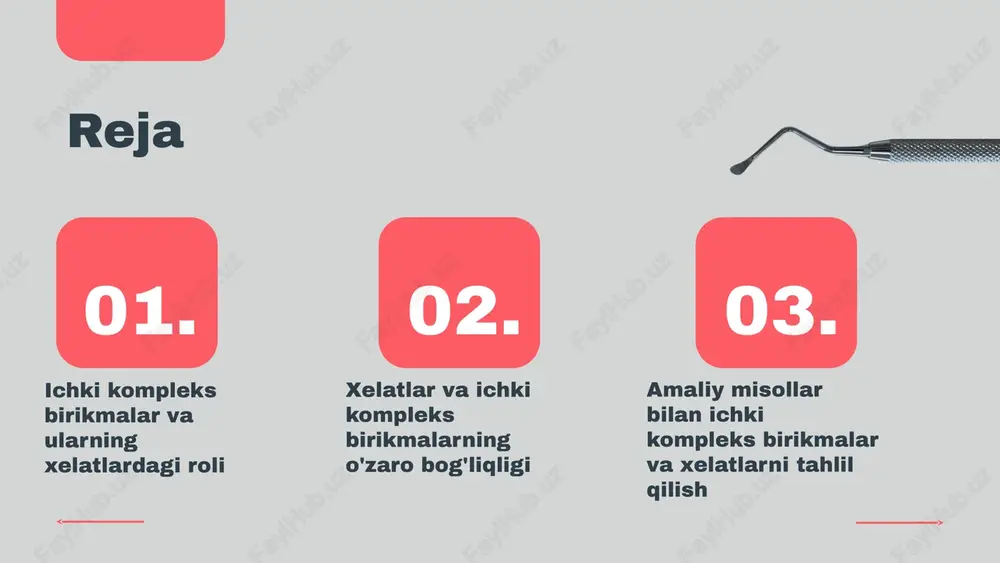 liyati xelatlar va ichki birikmalarning o'zaro bog'liqligi yordamida tushuniladi. xelatlar va ichki kompleks birikmalarni chuqurroq tushunish uchun molekulyar biologiya va bioinformatika nazariy asoslari talab qilinadi. bu asoslar yordamida biologik tizimlarning murakkabligi va dinamikasi, shuningdek, ularning klinik va biotexnologik qo'llanmalari o'rganiladi. ichki kompleks birikmalar va xelatlarning o'zaro ta'siri kimyoviy bog'liqlik ichki kompleks birikmalar xelatlarning metall bilan kuchli kimyoviy bog'lanishini ta'minlaydi, bu ularning stabil va foydali bo'lishiga yordam beradi. yuqori murakkablik ichki kompleks birikmalar va xelatlar murakkab kimyoviy tuzilishga ega bo'lib, ularni tushunish va ishlab chiqarish qiyin bo'lishi mumkin. sanoat va ekologiya ushbu birikmalar sanoatda metallni ajratish va ekologik muhofaza qilishda keng qo'llaniladi, bu esa ularning imkoniyatlarini kengaytiradi. kimyoviy zaharlanish noto'g'ri foydalanish yoki chiqindilar bilan bog'liq xavf-xatarlar kimyoviy zaharlanish va atrof-muhitga zarar yetkazish ehtimolini oshiradi. s 0 w t ichki kompleks birikmalarni tahlil qilish ichki kompleks birikmalar — ichki organlar va tizimlar o'rtasidagi murakkab bog'liqliklar bo'lib, ular sog'liq va kasalliklarning rivojlanishida muhim …