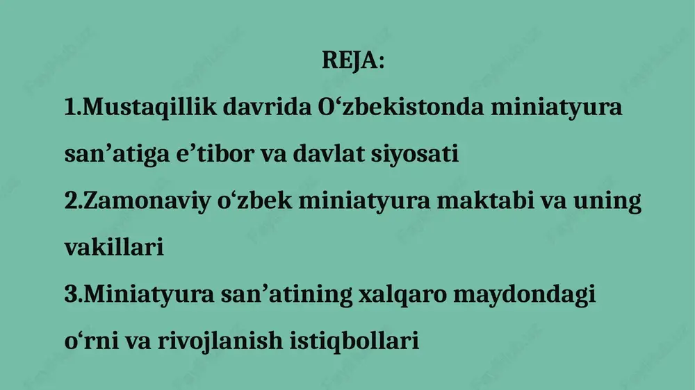 monov nodir shoahmedov dilshodbek rahimov saodat ismoilova mustaqillikdan keyingi miniatyuralarda 10 vatan manzaralari qadimiy me’moriy obidalar folklor va tarixiy obrazlar ayol siymosi va oilaviy qadriyatlar tasvirlanmoqda. anʼanaviy tempera bo‘yoqlar bilan birga akril, aralash texnikalar, raqamli tasvir vositalari ham qo‘llanila boshlandi.bu esa miniatyura sanʼatini zamonaviy ko‘rinishga olib keldi. 11 kamoliddin behzod nomidagi institutda, san’at kollejlari va badiiy maktablarda “miniatyura sanʼati” fani o‘qitilmoqda. bu yo‘nalish bo‘yicha malakali ustoz rassomlar yetishmoqda. 12 13 o‘zbekiston rassomlari asarlari turkiya, eron, fransiya, italiya va rossiyada o‘tkazilgan xalqaro ko‘rgazmalarda faxrli o‘rinlarni egallagan. bu o‘zbekiston madaniy diplomatiyasining muhim qismi bo‘ldi. samarqand, buxoro, xiva shaharlaridagi hunarmandlik markazlarida miniatyura asarlari turistlarga keng namoyish etiladi. bu yo‘nalish madaniy turizm va milliy iqtisodiyot rivojiga hissa qo‘shmoqda. 14 xulosa mustaqillik davrida miniatyura sanʼati o‘zbek xalqining milliy ruhini, tarixiy xotirasini, estetik didini namoyon etuvchi zamonaviy sanʼat turi sifatida yangi bosqichga ko‘tarildi. bu sohada o‘sib kelayotgan avlod uchun keng imkoniyatlar ochildi. 15 foydalanilgan adabiyotlar ro‘yxati …
