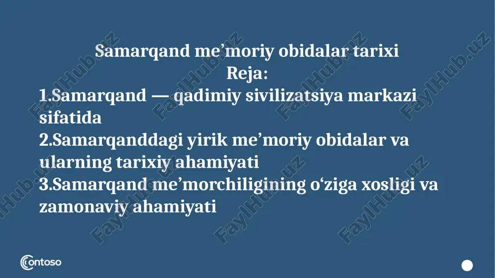 la-qori” deb atalgan. 9 go‘ri amir maqbarasi amir temur va uning avlodlari dafn etilgan maqbara (1403–1404-yillar). gumbazining ko‘k sopol bezaklari, naqshlarining nozik ishlovi sharq me’morchiligining eng go‘zal namunalaridan biridir. bu yodgorlik yunesko madaniy merosi ro‘yxatiga kiritilgan. 10 bibixonim masjidi amir temurning buyurtmasi bilan 1399–1404-yillarda qurilgan. masjid o‘sha davrda dunyodagi eng yirik ibodatgohlardan biri hisoblangan. uning gumbazi, peshtoqi va o‘yma bezaklari o‘z davrining san’at durdonasi sifatida qadrlanadi. 11 shohi zinda majmuasi shohi zinda — qadimiy maqbaralar majmuasi bo‘lib, xi–xv asrlarda shakllangan. bu joyda temuriylar sulolasi ayollari va amaldorlari dafn etilgan. “shohi zinda” (“tirik shoh”) nomi afsonaviy kusam ibn abbos nomi bilan bog‘liq. 12 ulug‘bek rasadxonasi 1428–1429-yillarda qurilgan bu inshoot — dunyodagi eng qadimgi yirik observatoriyalardan biridir. ulug‘bek va uning olimlari bu yerda 1018 ta yulduz katalogini tuzishgan. rasadxona ilmiy me’morchilik va astronomik g‘oyaning uyg‘un namunasidir. 13 afrosiyob yodgorligi afrosiyob — qadimiy samarqandning eng qadimiy qismi. arxeologik qazilmalar bu yerda eramizdan avvalgi …