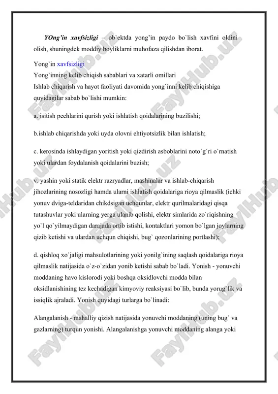 portlash - moddaning bir holatdan ikkinchi holatga juda tez o`tishi (portlab yonishi) bo`lib, bunda ko`p miqdorda energiya chiqadi va ko`p miqdorda 123 siqilgan gazlar hosil bo`ladi, bu siqilgan gazlar yemirilishga olib kelishi mumkin. portlashda hosil bo`ladigan yonuvchi gazsimon mahsulotlar havoga tegib, ko`pincha alangalanishi va buning oqibatida yong`in chiqishi mumkin. o`z – o`zidan alangalanish - modda ma'lum haroratgacha qizdirilganda unga bevosita tegmasdan turib sodir bo`ladi. o`z - o`zidan alangalanish harorati moddaning yong`in jihatidan xavfli xossalarini belgilovchi muhim parametrdir. moddaning o`zida kechadigan fizikaviy, kimyoviy biologik jarayonlar ta'sirida va moddaning qizishi natijasida yuz beradi. yong`in - maxsus manbada ega bo`lmagan va moddiy zarar eltiruvchi nazoratsiz yonishdir. yong`in xavfsizligiga doir asosiy talablar va qoidalar vujudga kelishi mumkin bo`lgan yong`inni oldini olish uchun quyidagi tadbirlarni amalga oshirish maqsadga muvofiqdir: y tashkiliy (ko`ngilli o`t o`chiruvchi drujinalari yoki yong`indan muhofazalash drujinalari tuzish, omma orasida tushuntirish ishlari olib borish); y texnikaviy tadbirlarga ishlab chiqish ( yong`in yoki portlash …