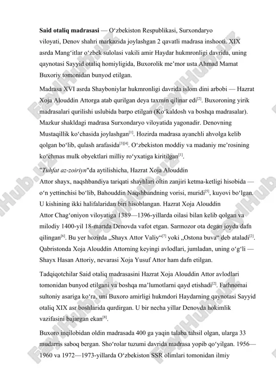 da hokimlik vazifasini bajargan ekan[8]. buxoro inqilobidan oldin madrasada 400 ga yaqin talaba tahsil olgan, ularga 33 mudarris saboq bergan. shoʻrolar tuzumi davrida madrasa yopib qoʻyilgan. 1956—1960 va 1972—1973-yillarda oʻzbekiston ssr olimlari tomonidan ilmiy oʻrganilgan. 1991-yildan, hoji luqmonxon haydarxon oʻgʻli tashabbusi bilan madrasada talabalarning 4 yillik oʻqitilishi boshlangan. bugungi kunda madrasaning oʻrta maxsus islom bilim yurti sifatidagi faoliyati toʻxtatib qoʻyilgan[9]. 2018—2019-yillardagi xabarlarga koʻra, madrasa binosi ayanchli ahvolga kelib qolgan, qulash arafasida boʻlgan[3][4][10]. madrasa 2019-yilda tasdiqlangan "moddiy madaniy merosning koʻchmas mulk obyektlari" milliy roʻyxatiga kiritilib[1], unda hunarmandchilik markazi barpo etish rejalashtirilgan[11]. 2020-yilda binoni saqlab qolish va uning infratuzilmasini takomillashtirish boʻyicha chora tadbirlar ishlab chiqilgan boʻlib, ularning ijro muddati etib 2021-yilning mart—aprel oylari belgilangan[12]. madrasasining meʼmorchilik uslubi tartibi oʻz davrida belgilangan anʼanalarga mos ravishda barpo etilgan. bino hovlisi ikki qavatli qurilgan katta-kichik hujralardan tashkil topgan boʻlib, peshtoq ortida miyonsaroy, uning ikki yonida esa masjid va darsxona joylashgan. madrasa burchaklariga esa guldastalar ishlangan. …