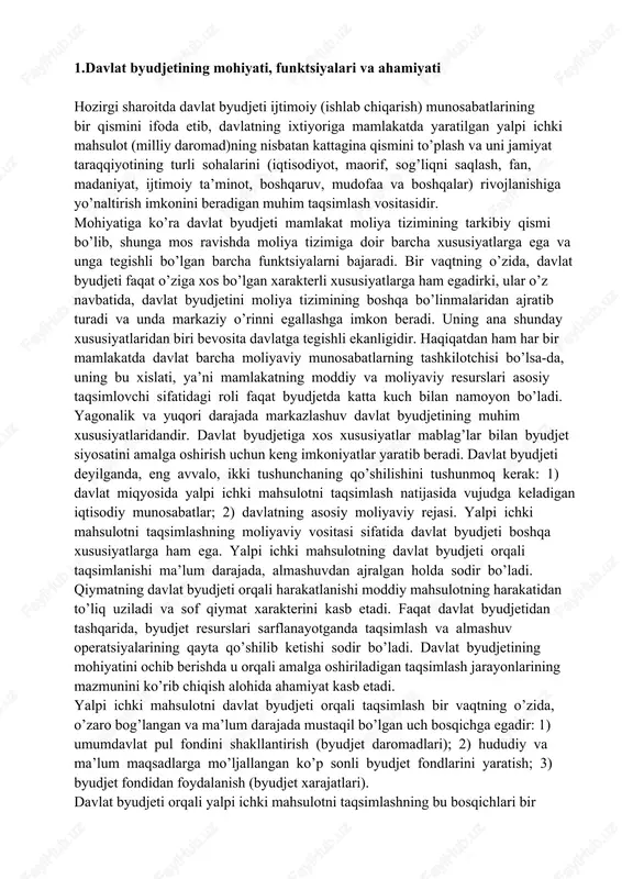 lotni taqsimlashning moliyaviy vositasi sifatida davlat byudjeti boshqa xususiyatlarga ham ega. yalpi ichki mahsulotning davlat byudjeti orqali taqsimlanishi ma’lum darajada, almashuvdan ajralgan holda sodir bo’ladi. qiymatning davlat byudjeti orqali harakatlanishi moddiy mahsulotning harakatidan to’liq uziladi va sof qiymat xarakterini kasb etadi. faqat davlat byudjetidan tashqarida, byudjet resurslari sarflanayotganda taqsimlash va almashuv operatsiyalarining qayta qo’shilib ketishi sodir bo’ladi. davlat byudjetining mohiyatini ochib berishda u orqali amalga oshiriladigan taqsimlash jarayonlarining mazmunini ko’rib chiqish alohida ahamiyat kasb etadi. yalpi ichki mahsulotni davlat byudjeti orqali taqsimlash bir vaqtning o’zida, o’zaro bog’langan va ma’lum darajada mustaqil bo’lgan uch bosqichga egadir: 1) umumdavlat pul fondini shakllantirish (byudjet daromadlari); 2) hududiy va ma’lum maqsadlarga mo’ljallangan ko’p sonli byudjet fondlarini yaratish; 3) byudjet fondidan foydalanish (byudjet xarajatlari). davlat byudjeti orqali yalpi ichki mahsulotni taqsimlashning bu bosqichlari bir vaqtning o’zida va uzluksiz sodir bo’lsada, bu ularning nisbatan alohidaligini ham inkor etmaydi. bu bosqichlarni bo’lish va ularni alohida-alohida ko’rib chiqish …