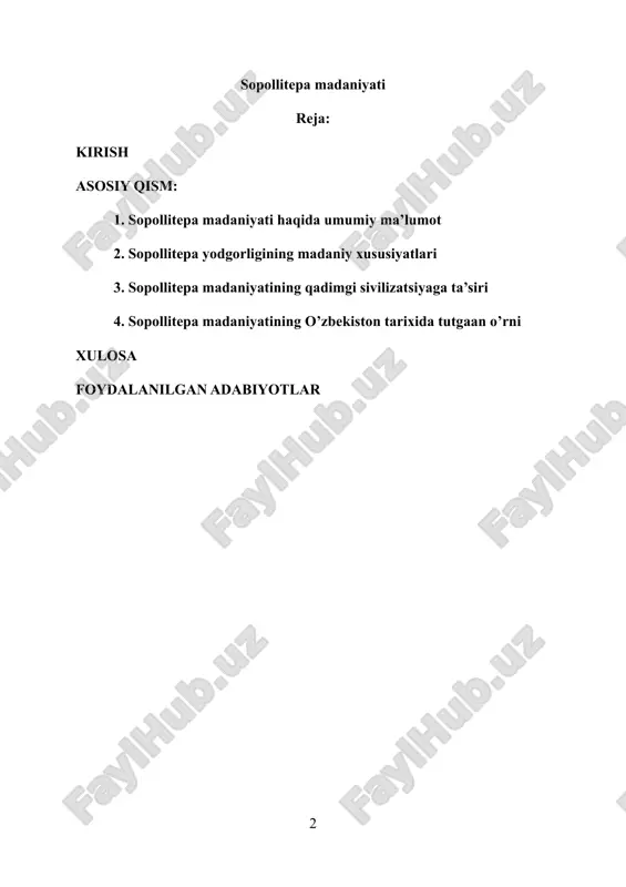 a ishlov berish, tosh va suyakdan yasalgan asboblar, zargarlik buyumlari hamda uzoq masofadan keltirilgan xomashyo — masalan, badahshon lazuriti yoki karneol munchoqlar — vohaning almashinuv tarmoqlariga qoʻshilganini bildiradi. dehqonchilikda bugʻdoy va arpa yetishtirilgani, chorvachilikda qoʻy-echki, qoramol va ot boqilganini koʻrsatuvchi arxeobotanik va arxeozoologik dalillar mavjud. dafn marosimlarida murdani yonbosh holatda qoʻyish, idishlar va mayda bezaklarni qoʻshib qoʻyish kabi urf-odatlar kuzatiladi; bu esa eʼtiqod tizimi va marosim meʼyorlarining muayyan barqarorligini anglatadi. sopollitepa madaniyati oʻzining meʼmoriy anʼanalari, xoʻjalik-iqtisodiy modeli va hunarmandchilik yutuqlari bilan surxondaryo vohasida ilk shahar madaniyati unsurlarining shakllanishiga zamin yaratdi. u vohaning keyingi bosqichlarda yuksalgan jarqo’ton markazi bilan uzviy bogʻlanadi va kengroq mintaqaviy jarayon — oxus sivilizatsiyasi — tarkibida mahalliy oʻziga xoslikni saqlagan holda rivojlandi. shu bois sopollitepa nafaqat oʻzbekiston arxeologiyasi, balki markaziy osiyo sivilizatsiyalari tarixini rekonstruksiya qilishda tayanch manba boʻlib xizmat qiladi. 1. sopollitepa madaniyati haqida umumiy ma’lumot sopollitepa madaniyati janubiy markaziy osiyoning bronza davri manzarasida shakllangan, o‘troq dehqonchilik, …