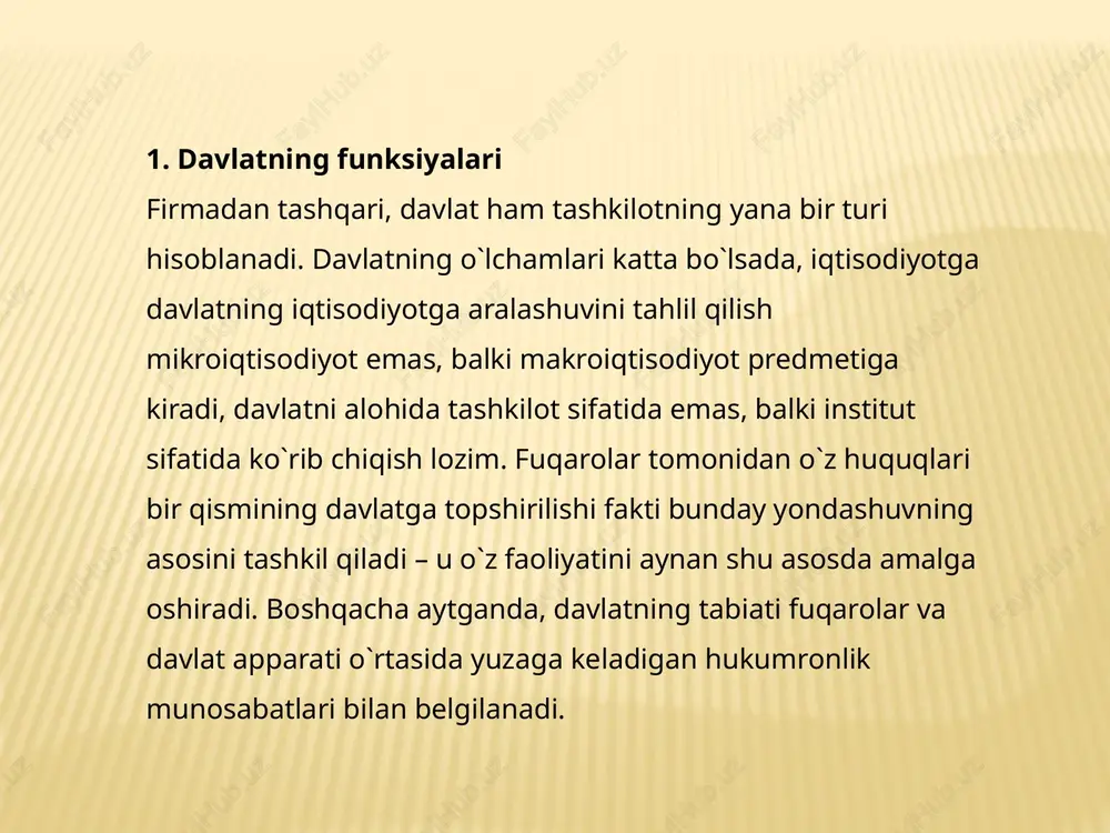 va himoya qilish jarayoniga davlatning aralashuviga muqobillik iqtisodiy agentlarning o`zlarining resurslardan foydalanish qoidalari haqida kelishishga urinishlaridan iborat. masalan, resurslardan foydalanish me’yori «birinchining ustuvorligi» bilan tartibga solinishi mumkin. iqtisodiy agentlar tomonidan mulkchilik huquqlarini mustaqil ravishda tafsirlash va himoya qilishga urinish shartnoma tomonlarining uni amalga oshirish kafolati sifatida kuchdan foydalanishini nazarda tutadi. bundan ikkita muammo kelib chiqadi. birinchisi – yuzaga kelgan nizolarni faqat tajovuz va kuch ishlatish asosida hal etish, yoki, gobbs bo`yicha «hammaning hammaga qarshi urushi» tendensiyasi. ikkinchisi – resurslarning katta qismini ishlab chiqarish faoliyatidan olib, mulkchilik huquqlarini himoya qilish vazifalarini hal etish va shartnomalar shartlarining bajarilishini ta’minlashga yo`naltirish. 3. davlatning «muvaffaqiyatsizliklari» istalgan boshqa tashkiliy tuzilma singari davlatning faoliyat ko`rsatishi ham transaksiya xarajatlari bilan bog`liq. va ular katta miqdordagi transaksiyalarga qaraganda qanchalik ko`p bo`lsa, davlat shartnoma shartlarini bajarishning kafili sifatda ishtirok etadi. shaxs va davlat o`tasida yuzaga keladigan hukumronlik munosabatlari murakkab va pozitsion xususiyatga ega. birinchidan, shaxslar davlatga nazorat qilish huquqi …