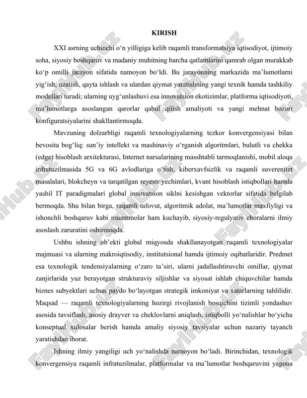 uvchilar hamda biznes subyektlari uchun paydo bo‘layotgan strategik imkoniyat va xatarlarning tahlilidir. maqsad — raqamli texnologiyalarning hozirgi rivojlanish bosqichini tizimli yondashuv asosida tavsiflash, asosiy drayver va cheklovlarni aniqlash, istiqbolli yo‘nalishlar bo‘yicha konseptual xulosalar berish hamda amaliy siyosiy tavsiyalar uchun nazariy tayanch yaratishdan iborat. ishning ilmiy yangiligi uch yo‘nalishda namoyon bo‘ladi. birinchidan, texnologik konvergensiya raqamli infratuzilmalar, platformalar va ma’lumotlar boshqaruvini yagona ekotizim sifatida ko‘rib chiqish orqali integrativ konseptual model taklif etiladi. ikkinchidan, innovatsion siklning tezlashuvi va standartlashuv dinamikasining o‘zaro bog‘liqligi asosida “tezkor moslashuv” mexanizmi iqtisodiy va regulyativ muhitda alohida kategoriya sifatida asoslanadi. uchinchidan, barqarorlik mezonlari bilan muvofiqlashgan “yashil raqamlashtirish” yondashuvi ishlab chiqilib, energiya samaradorligi, uglerod izini qisqartirish va aylanma iqtisodiyot tamoyillari bilan bog‘liq metrikalar tizimlashtiriladi. metodologik asos tizimli tahlil, komparativ yondashuv, ssenariy va foresight usullari, shuningdek, siyosat tahlili va institutsional iqtisodiyot doirasidagi nazariy modellardan iborat. empirik dalillar sifatida xalqaro tashkilotlar hisobotlari, ochiq statistik bazalar, yetakchi tadqiqot markazlari sharhlari va soha amaliyotidagi …