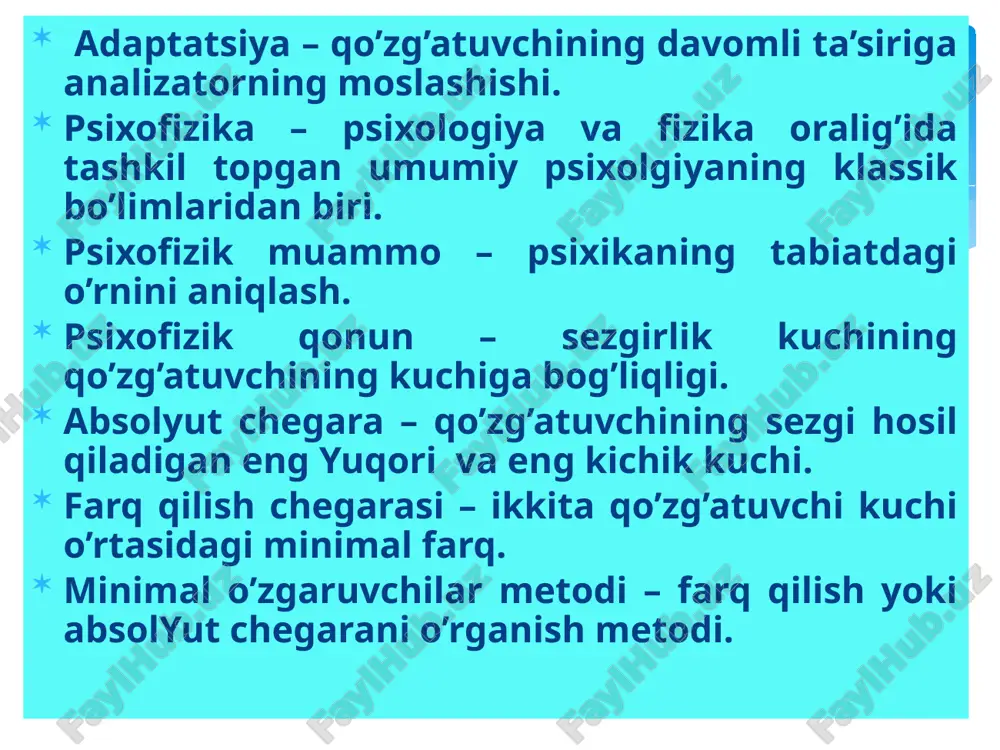 amiz va gavdamizning holati hamda harakatlari haqida ma’lumot (axborot, xabar) beruvchi muskullarda, bog‘lovchi paylarda, mushaklarda joylashgan sezgilar; sezgining quyidagi turlari mavjud: ko‘rish sezgilari; eshitish sezgilari; hid bilish sezgilari; ta’m bilish sezgilari; teri sezgilari; muskul –harakat (kinestetik; statistik sezgilari; organik sezgilari; organik sezgilarga quyidagilar kiradi: og‘riq sezgilari; chanqoq sezgilari; noxush tuyg‘ular; ochlikni sezish. sezgining jadalligi qo’zg’atuvchi kuchining logarifmiga proporsionaldir. boshqacha qilib aytganda, qo’zg’atuvchining kuchi geometrik progressiya yo’li bilan osha borgan taqdirda sezgilarning jadalligi arifmetik progressiya yo’li bilan oshadi. psixofizik qonun psixofizika umumiy psixologiyaning klassik bo`limlaridan biri bo`lib, uning asoschisi gustav teodor fexner (1801-1887) hisoblanadi. psixofizikaning o`ziga xos tomoni. kuzatilayotgan hatti-harakat va ruhiy holatlar eng avvalo ularni vujudga keltirgan turli fizik (tabiiy) sharoitlar orqali tushuntiriladi. ayniqsa, sensor va pertseptiv faoliyatini psixofizik o`rganilishi yaxshi rivojlangan bo`lib tadqiqotlar 2 xil yo`nalishda 1-sezgirlik chegaralarini o`rganish: 2-psixofizik shkalalar tuzish tarzida tashkil etiladi. tekshiruvchilar ish holatini yozib olishning zamonaviy vositalaridan foydalanish nafaqat sensor va pertseptiv jarayonlarni, balki …