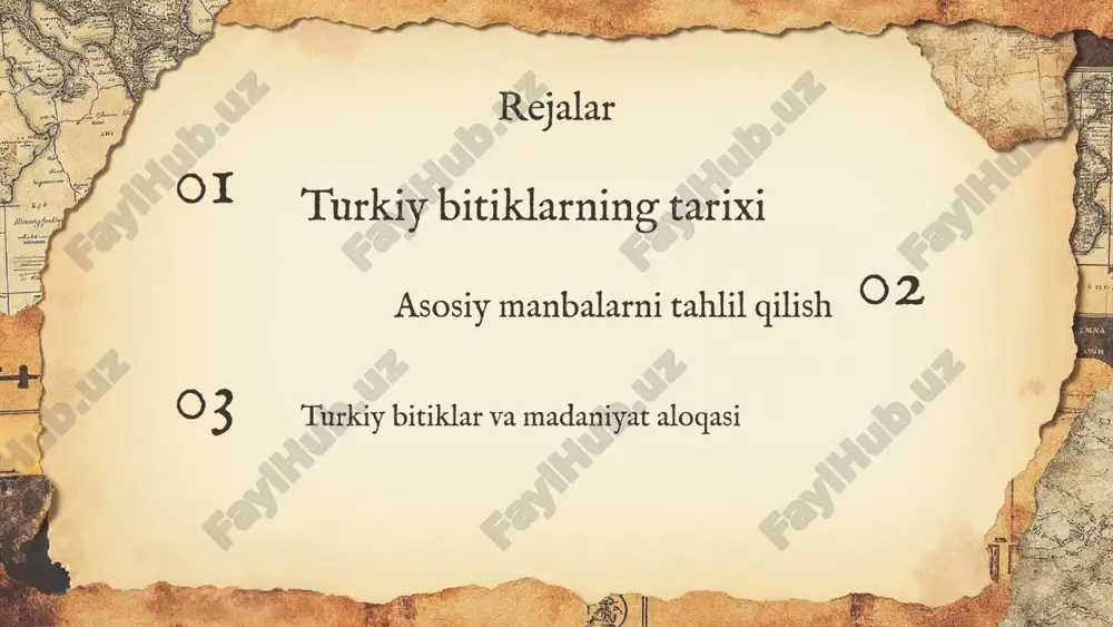 am beradi. 01 02 03 turkiy bitiklarning rivojlanish davrlari turkiy bitiklar tarixiy va madaniy merosimizni aks ettiruvchi muhim alomatlardir. ular asrlar davomida rivojlanib, turli davrlarning o'ziga xos xususiyatlarini o'z ichiga olgan. turkiy bitiklarning rivojlanish davrlari miloddan avvalgi davrlardan boshlangan. har bir davr o'z uslubi va maqsadiga ega bo'lgan bitiklardan iboratdir, bu esa ularning madaniy kontekstini yanada boyitadi. masalan, qadimiy turkiy bitiklar ko'pincha bayonotlar yoki tarixiy voqealar haqida ma'lumotlar bergan. bu bitiklar tarixiy tadqiqotlar uchun qimmatli manba hisoblanadi. 01 02 03 turkiy bitiklarning asosiy turlari turkiy bitiklarning turlari e'tiborga molik manbalar turkiy bitiklar asosan uch turga bo'linadi: qog'oz bitiklar, tosh bitiklar va temir bitiklar. har bir tur o'ziga xos uslub va mazmun bilan ajralib turadi. asosiy manbalar orasida qadimiy yozuvlar, tarixiy kitoblar va arxeologik topilmalar mavjud. bu manbalar turkiy bitiklarning tarixi va rivojlanishi haqida muhim ma'lumotlar beradi. yozuvlarning tarixiy ahamiyati yozuvlar tarixi turkiy xalqlar tarixi tilning rivojlanishi turkiy bitiklar yozuvlar tarixi …