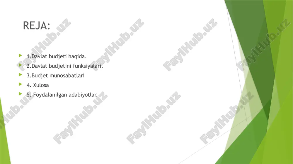 ar orasida „da-romadlar darajasini taʼminlash“ (qariyalar, mehnatga layoqatsizlar, ishsizlar, nogironlar, tibbiy yordamga muhtojlar, boquvchisini yoʻqotgan oilalar va h.k.ga yordam koʻrsatish) sarflari 40 %, milliy mudofaa xarajatlari (28—30 %) eng muhim oʻrinda turadi. 1995-yilda oʻzbekistonda byudjet kamomadi 3 %, 1996-yilda 3,5 %, 1997-yilda 2,2 %, 2000-yilda yalpi ichki mahsulotning 1 % (32,8 mlrd. soʻm)ga teng boʻldi. amalda boʻlgan qonunchilikka muvofiq tashkil etiladigan byudjetdan tashqari jamgʻarmalar (ijtimoiy sugʻurta jamgʻarmasi, ish bilan taʼminlashga koʻmaklashish jamgʻarmasi, kasaba uyushmalari federatsiyasi kengashi jamgʻarmasi, yoʻl jamgʻarmasi, oʻzbekiston respublikasi davlat mul-ki qoʻmitasi jamgʻarmasi, mineral xom ashyo bazasini tak ishlab chiqarish fondi, oʻzini oʻzi boshqarish mahalliy organlarining maxsus fondlari)ning maqsadli yoʻnalishlarini saqlab qolgan holda, 1995-yildan boshlab oʻzbekiston respublikasining birlashgan byudjetiga kiritildi. davlat byudjetining mohiyati uning iqtisodiy kategoriya sifatidagi funksiyalarida namoyon bo'ladi. turli davr va turli maktab iqtisodchilan davlat byudjetining funksiyalarını yoritishga turlicha yondoshadilar. masalan, t malikov, n. xaydarov hammuallifligidagi davlat byudjeti o'quv qo'llanmasida davlat byudjetining funksiyalari quyidagi tarzda bayon …