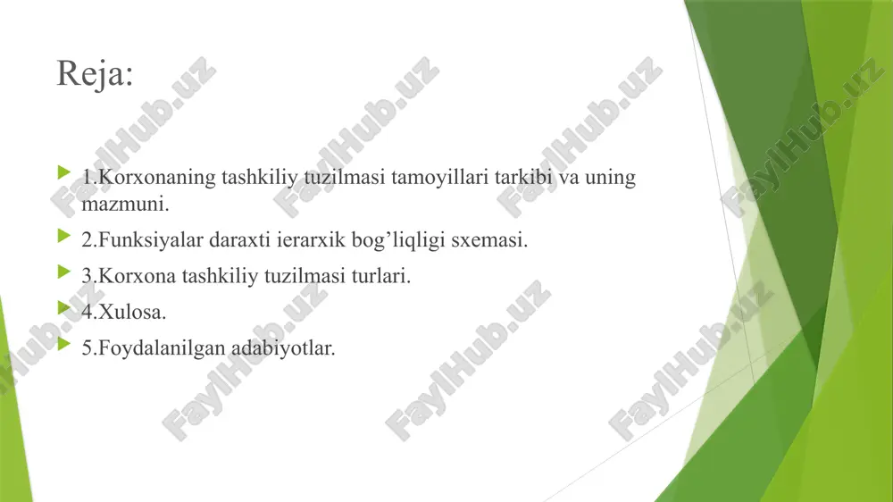 llash shaxsning o’z xizmat vazifasini bajarish ruhiyati demak tarkibiy tuzilma tashkilot bo‘g‘im va xodimlar o‘rtasida vazifalarni bajarish uchun boshqaruvni optimal tartibga solish elementlari majmuasidir. element – tashkilot vazifa, funktsiya va ishlarini bajarish yuklatilgan xizmat, bo‘linma, guruh va xodimlardir. tarkibiy tuzilma faoliyatni o‘zining gorizontal va vertikal aloqalar tizimi asosida faoliyat olib borishi ta’minlaydi. gorizontal aloqa - tizimi tashkiliy tuzilmaning bir darajali kelishuvga asoslanadigan xususiyatga ega elementidir. vertikal aloqa - tizimi tashkiliy tuzilmaning bir necha darajali buysunuv xususiyatga ega elementidir. korxona faoliyati samradorligi tashkiliy tuzilmaning to‘g‘ri ishlab chiqilishiga bog‘liqligi sababli amaliyotdan hozirda uning ko‘plab turlaridan foydalaniladi. biznes korxonalari tashkiliy tuzilmalari turli xilda bo‘lishi mumkin. har bir korxona o‘zining maqsadi, faoliyat ko‘lami va hududning imkoniyati hamda salohiyotidan kelib chiqib o‘zi uchun maqbul tuzilmani shakllantiradi. funktsiyalar daraxti ierarxik bog‘liqligi sxemasi. markazlashtirilgan asosda tashkil etilgan tashkiliy tuzilmada boshqaruv qarorlari eng yuqori darajada qabul qilinadi. ushbu tashkiliy tuzilmalarda huquq, majburiyat va mas’uliyatlar rasmiy ravishda belgilangan bo‘ladi …
