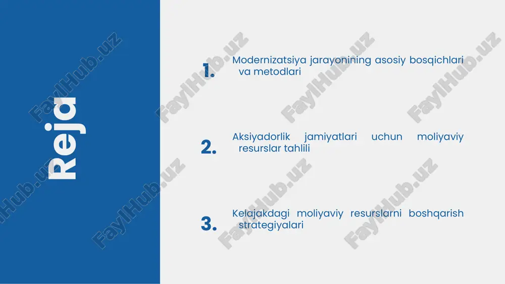 yaviy resurslar holati tahlil qilinishi zarur. har bir resursning foydalanish samaradorligi, xarajatlar va daromadlar o'rtasidagi muvozanatni o'rganish orqali, yangilanish imkoniyatlari aniqlanadi. bu esa tashkilotning moliyaviy barqarorligini ta'minlashga yordam beradi. 3. zamonaviylashtirish uchun tahlil zarur: moliya resurslarini zamonaviylashtirish uchun tahlil olib borish muhimdir, chunki bu jarayon yangi texnologiyalar va usullardan foydalanishni talab qiladi. shuningdek, bu o'zgarishlar tashkilotning raqobatbardoshligini oshirish uchun zarurdir. photo by clark van der beken on unsplash rejalashtirish jarayoni rejalashtirish jarayoni - bu maqsadlarni belgilash va ularga erishish uchun zarur bo'lgan resurslarni taqsimlash jarayonidir. ushbu jarayon, nafaqat strategik rejalashtirishni, balki shuningdek, tashkilotning moliyaviy resurslarini samarali boshqarishni ham o'z ichiga oladi. maqsadlar va strategiyalarni belgilashda, tashkilotning asosiy maqsadlarini aniqlash, ularga erishish uchun zarur bo'lgan qadamlarni rejalashtirish muhimdir. rejalashtirish jarayonida resurslarni taqsimlash rejalari, mavjud resurslarni maksimal darajada samarali ishlatish uchun ishlab chiqilishi kerak. moliya resurslarini rejalashtirishda muhim omillar sifatida bozor sharoitlari, ichki va tashqi xavflar hamda tashkilotning o'ziga xos xususiyatlari hisobga …