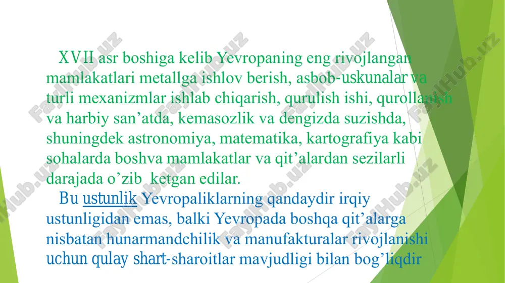 burgundiyaga ham egalik qilib, bu ispan gabsburglarining g’arbiy yevropada hukmronlik qilish uchun frantsiya bilan olib borayotgan kurashidagi mavqeini mustahkamlashga yordam berardi. ispan merosi uchun urush (1701-1714). gabsburlar sulolasidan bo’lgan so’ngi ispan qiroli karl ii ning to’g’ridan-to’g’ri vorisi yo’q edi va frantsiya elchisining taziyqi ostida ispaniya taxtini fransiya qiroli lyudovik 14 ning nabirasi filipp anjuyskiyga o’tishi to’g’risida vasiyat qoldirdi. 1700-yilda karl vafot etgach gertsog anjuyskiy filipp v nomi bilan madridda ispaniya taxtiga o’tirdi, gabsburglar o’rniga burbonlar sulolasi taxtga chiqdi. o’sha davrda lyudovik 14 quyidagi tarixiy so’zlarni aytgan edi: ”qanday baxt! pireneylar endilikda yo’q, ular er qariga ketdilar, endilikda biz (fransiya va ispaniya) bir mamlakat bo’ldik”. fransiya bilan germaniya o’rtasida 1870-1871 yillarda bo’lib o’tgan urush yevropa tarixida muhim voqea hisoblanadi (ko’pchilik adabiyotlarda bu urush fransiya-prussiya urushi deb nomlangan, aslida frantsiya bilan faqat prussiya emas, balki barcha nemis davlatlari urush olib borgan edi). odatda bu urushni yangi tarix ikkinchi bosqichining boshlanishi deb hisoblaydilar. …