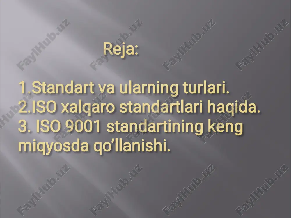 to’g’ri foydalanish tartibi”ni belgilaydi.� mintaqaviy standartlar_standartlashtirish bo’yicha regional organlar tasdiqlaydi (gost).� 2.o’zbekiston respublikasi standartlari.�� bu standartlarni:� o’zbekiston respublikasi davlat standarti,qurilish davlat qo’mitasi,tabiatni muhofaza qilish davlat qo’mitasi,sog’liqni saqlash vazirligi,har qaysi o’ziga tegishli standartlarni tasdiqlaydi. 3.tarmoq standarti.(tst) belgilangan tarmoqning raxbarlari tomonidan tasdiqlanadi.(o’ztst)� 4.texnik shartlar. bir tomondan ular me’yoriy hujjatlar bo’lish, boshqa tomondan esa konstruktiv hujjat hamdir.� 5.korxona standartlari kst (stp)� 6.boshqa meyoriy hujjatlar: boshqaruv hujjatlari (bh), tavsiyalar (t), me’yoriy va qoidalar, uslublar va boshqalar.� 7.chet davlatlar standartlari, o’zrst 1.7-94 bu standartlarning qo’llanilish tartibini belgilaydi. 3.tarmoq standarti.(tst) belgilangan tarmoqning raxbarlari tomonidan tasdiqlanadi.(o’ztst)� 4.texnik shartlar. bir tomondan ular me’yoriy hujjatlar bo’lish, boshqa tomondan esa konstruktiv hujjat hamdir.� 5.korxona standartlari kst (stp)� 6.boshqa meyoriy hujjatlar: boshqaruv hujjatlari (bh), tavsiyalar (t), me’yoriy va qoidalar, uslublar va boshqalar.� 7.chet davlatlar standartlari, o’zrst 1.7-94 bu standartlarning qo’llanilish tartibini belgilaydi. standartlarni ishlab chiqish, tasdiqlash va davlat ro’yxatidan o’tkazish tartibi. standartlarni ishlab chiqish, tasdiqlash va davlat ro’yxatidan o’tkazish tartibi. standartni …
