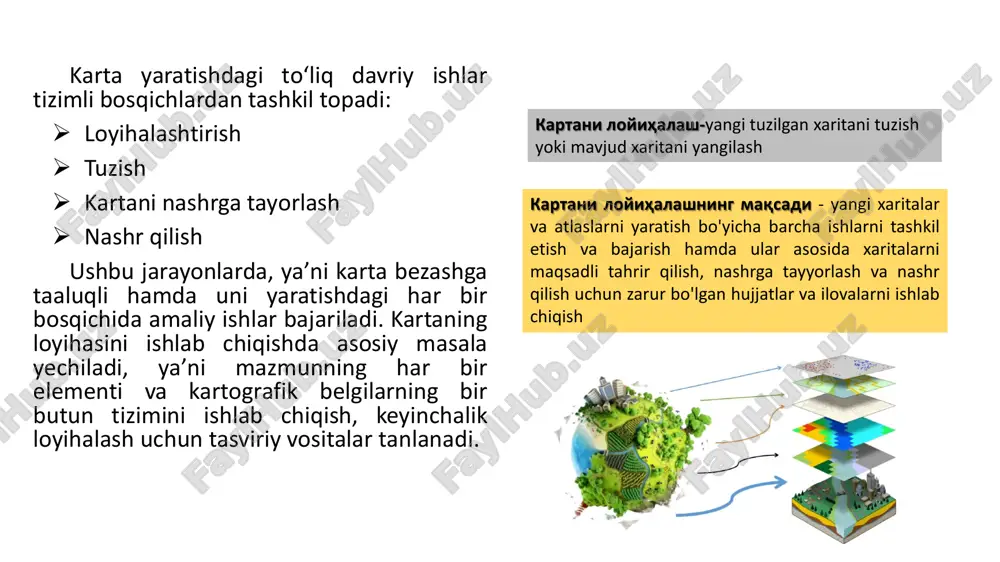lementlarini umumlashtirish va ijodiy tanlash jarayoni bilan bog’liq obyektlarni to‘g’ri tanlash orqali, elementlarini aniq joylashtirish va bir vaqtda karta elementlarini shitrix bilan chizish, imzo va nomlarini tushurishdan iborat bo‘ladi. qo‘l bilan bog’liq bajariladigan ishlarda chizmachilik asboblari va moslamalar ishlatiladi, kompyuter dizaynida dasturiy vositalar to‘plami talab qilinadi, zamonaviy texnologiyalardan foydalanish esa, ishning sifatini ta’minlaydi. ushbu bosqichda eng asosiy jarayon – kartani grafik legendasini tuzish, shartli belgilarni aniq tizimda va ketma-ketlikda joylashtirish, guruhlar hamda alohida belgilarning masofasini hisoblash, shrift o‘lchamlarini o‘zaro nisbatini, sarlavhalar va shartli belgilarni tushuntiruvchi yozuvlarni aniqlash ishlari olib boriladi. kartaning legendasi bu – kartalardagi shartli belgilar tizimi bo’lib, undagima’lumotlarni izohlaydi legendani ishlab chiqish jarayoni uning dasturini ishlab chiqishdan boshlanib, tuzish jarayoni bilan yakullanadi kartani nashrga tayyorlash kartani nashrga tayyorlashda jarayonida, bezash ishlarining asosiy qismi bajariladi – bunda kartaning asl nusxalarini tayyorlash, ularning bosma shakllarini olish uchun maxsus belgilangan vositalardan foydalaniladi. ushbu bosqichda bezash masalasi shundan iboratki bo‘ladiki, rangli uyg’unlikni …