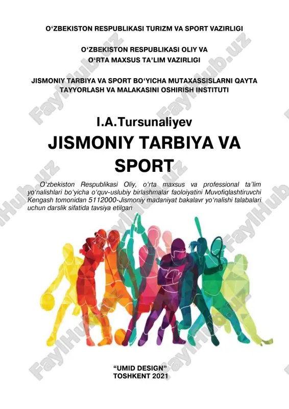 diq yoshlarni tarbiyalash, demokratik islohotlarni chuqurlashtirish va fuqarolik jamiyatini rivojlantirish jarayonida ularning ijtimoiy faolligini oshirish yosh avlodning ijodiy va intellektual salohiyatini qo‘llab-quvvatlash hamda amalga oshirish, bolalar va yoshlar o‘rtasida sog‘lom turmush tarzini shakllantirish, ularni jismoniy tarbiya va sportga keng jalb etish1 belgilab qo‘yilgan. o‘zbekiston respublikasida oliy va o‘rta maxsus, kasb-hunar ta’limi tizimida oliy o‘quv yurtlarini tubdan isloh qilish, soha xodimlariga zarur shart- sharoitlar yaratish, ta’lim mazmuni va sifatini takomillashtirish hamda oshirishga bevosita ta’sir ko‘rsatuvchi omillardan biri sifatida talabalarni o‘qitishdagi fanlar bo‘yicha davlat ta’lim standartlari talablari asosida adabiyotlarning yangi avlodini yaratish vazifasi turibdi. jismoniy tarbiya va sport oliy ta’lim muassasalarida bo‘lajak mutaxassisning ijtimoiy shakllanishi, uning jismoniy barkamollikka erishishi, talabalar uchun muhim individual, shaxsiy va professional sifatlarni faol takomillashtirish vositasi sifatida xizmat qiladi. jismoniy tayyorgarligi darajasini oshirish, maxsus bilimlar, harakatlanish malakalari va ko‘nikmalari tizimi egallab olish bo‘lajak mutaxassislarning professional faoliyatida psixofizik tayyorgarligini ta’minlaydi, ularga jismoniy tarbiya vositalari hamda metodlaridan yuksak darajada ish …