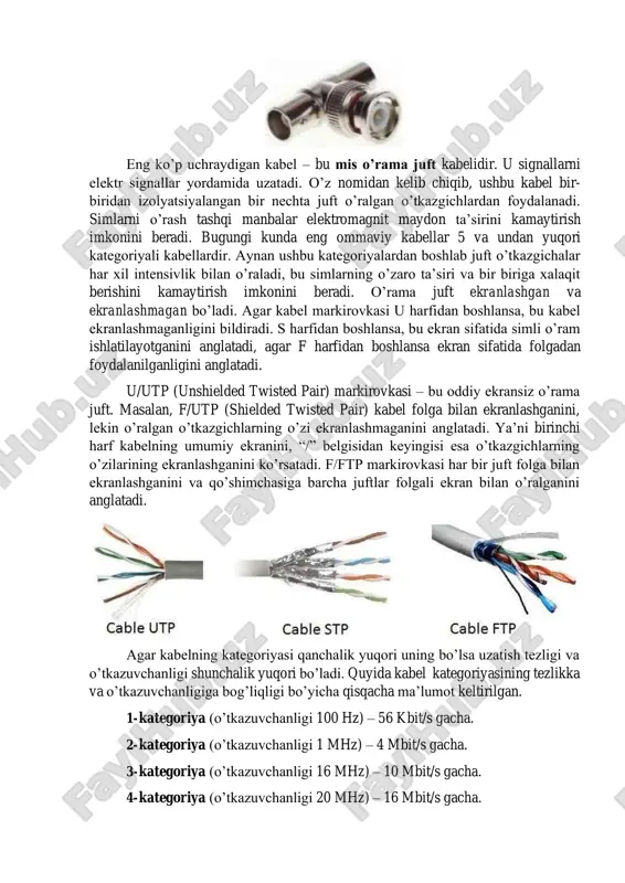 agan bo’ladi. agar kabel markirovkasi u harfidan boshlansa, bu kabel ekranlashmaganligini bildiradi. s harfidan boshlansa, bu ekran sifatida simli o’ram ishlatilayotganini anglatadi, agar f harfidan boshlansa ekran sifatida folgadan foydalanilganligini anglatadi. u/utp (unshielded twisted pair) markirovkasi – bu oddiy ekransiz o’rama juft. masalan, f/utp (shielded twisted pair) kabel folga bilan ekranlashganini, lekin o’ralgan o’tkazgichlarning o’zi ekranlashmaganini anglatadi. ya’ni birinchi harf kabelning umumiy ekranini, “/” belgisidan keyingisi esa o’tkazgichlarning o’zilarining ekranlashganini ko’rsatadi. f/ftp markirovkasi har bir juft folga bilan ekranlashganini va qo’shimchasiga barcha juftlar folgali ekran bilan o’ralganini anglatadi. agar kabelning kategoriyasi qanchalik yuqori uning bo’lsa uzatish tezligi va o’tkazuvchanligi shunchalik yuqori bo’ladi. quyida kabel kategoriyasining tezlikka va o’tkazuvchanligiga bog’liqligi bo’yicha qisqacha ma’lumot keltirilgan. 1- kategoriya (o’tkazuvchanligi 100 hz) – 56 kbit/s gacha. 2- kategoriya (o’tkazuvchanligi 1 mhz) – 4 mbit/s gacha. 3- kategoriya (o’tkazuvchanligi 16 mhz) – 10 mbit/s gacha. 4- kategoriya (o’tkazuvchanligi 20 mhz) – 16 mbit/s gacha. 5- …