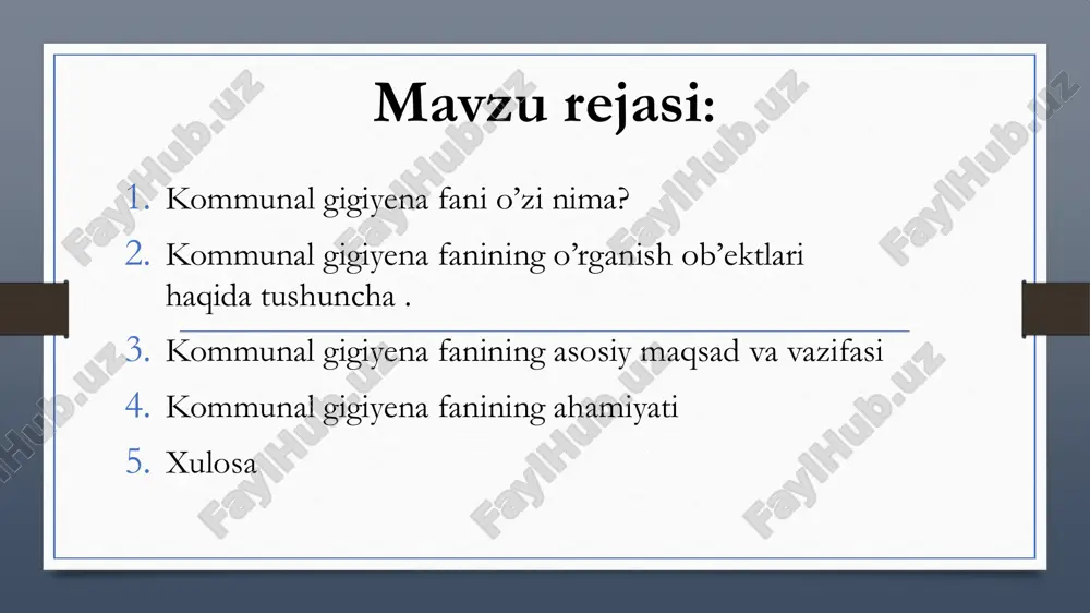 blar, suv ta’minoti manbalari, ichimlik suvining sifatini yaxshilashning asosiy va mahsus usullari, suv ta’minoti atrofida sanitar himoya mintaqasini takomillashtirishning gigiyenik asoslari, xo’jalik ichimlik ta’minoti inshootlarining loyihalarini sanitar ekspertizada o’tkazish, tozalash qurilmalarini joylashtirish va ishlatish, aholini sifatli ichimlik suvi bilan ta’minlovchi tarmoqlarga qo’yiladigan gigiyenik talablar o’rganiladi. maqsad va vazifalari 2. suv ob’ektlarini sanitariya muhofazalash gigiyenasi. ushbu bo’limda suv havzalari suvlarning sifati masalalari, ularning xo’jalik- ichimlik suvi manbasi sifatida ishlatish mumkinligi, xo’jalik fekal sanoat chiqindilarini tozalash usullari, kanalizatsiya inshootlari va uning sanitar-epidemiologik ahamiyati, suv havzalari suvida kimyopviy moddalarni reglamentlash, hamda suv havzalari suvining sifatini turg’un saqlash maqsadida chiqindi- oqova suvlarini tushirishga qo’yiladigan gigoiyenik o’rganiladi. 3. tuproq va aholi turar joylarini sanitariya himoyasi va sanitar tozalash gigiyenasi. bu bo‘limda tuproqni kimyoviy va biologik moddalar bilan ifloslanish shart-sharoitlari o‘rganiladi. ifloslantiruvchi manbalarning tuproq orqali yer osti suvlariga, atmosfera havosiga, o‘simliklarga o‘tib inson salomatligiga va turmush sharoitiga ta’sir ko‘rsatishi o‘rganiladi. bo‘limda yana aholi yashash joylarida hosil …