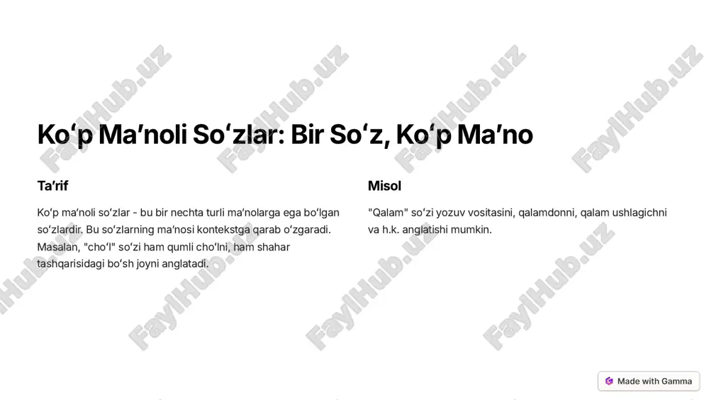 bir til boshqa tildan soʻzlarni oʻzlashtirishi natijasida maʼnodoshlik paydo boʻlishi mumkin. tarixiy oʻzgarishlar soʻzlarning maʼnosi vaqtincha oʻzgarishlarga uchrashi va shu tariqa bir xil maʼnoni ifodalovchi turli soʻzlar paydo boʻlishi mumkin. https://gamma.app/?utm_source=made-with-gamma maʼnodosh soʻzlar tasnifi toʻliq maʼnodosh soʻzlar bir-birining maʼnosini toʻliq qoplaydigan soʻzlar qisman maʼnodosh soʻzlar bir-birining maʼnosini qisman qoplaydigan soʻzlar stilitik maʼnodosh soʻzlar bir-birining maʼnosini qoplaydigan, lekin turli uslublarda qoʻllaniladigan soʻzlar https://gamma.app/?utm_source=made-with-gamma koʻp maʼnoli va maʼnodosh soʻzlar: farqlar 1 koʻp maʼnoli bir soʻzning turli maʼnolarga ega boʻlishi. 2 maʼnodosh turli soʻzlarning bir xil maʼnoni ifodalashi. https://gamma.app/?utm_source=made-with-gamma koʻp maʼnoli va maʼnodosh soʻzlardan foydalanish 1 boylik tilni boyitadi va ifoda vositalarini kengaytiradi. 2 aniqlik kontekstga mos soʻzni tanlash orqali fikrni aniq va ravshan ifodalash. 3 ijodiylik turli soʻzlarni birlashtirib, ijodkorlikni oshiradi. https://gamma.app/?utm_source=made-with-gamma xulosa va amaliy tavsiyalar 1 oʻrganish koʻp maʼnoli va maʼnodosh soʻzlarni oʻrganish tilni chuqurroq tushunishga yordam beradi. 2 qoʻllash soʻzlarni toʻgʻri tanlash orqali fikrni aniq va ravshan ifodalash mumkin. 3 …