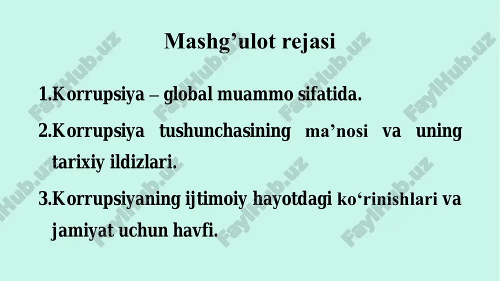 dor) rasmiy vakillar bilan norasmiy shaxslarning o`zaro uchrashib, rasmiy shaxslarning o`zaro uchrashib, rasmiy qarorlar ustunlik qabul qilishdagi siyosiy ta`sirning o`ziga xos turi rahnamolik, faoritizm (fr. favorit) himoya ostidagi ayrim xodilarni yaqin olish va qo`llab- quvvatlash kliyentelizm (ing. clientelism, lot. clientēingla - mijoz)-yuqori lavozimidagi mansabdor shaxs va unga xayrixox bo`lgan shaxslar (mansabdor shaxslar, tadbirkorlar, siyosiy guruhlar) nepotizm (lot. nepos jiyan) qarindosh – urug`chilik, xududiy yoki etnik prinsiplar asosida davlat tuzilmalarida yoki boshqa tuzilmalarda tor guruhchilik manfaatlari bilan ish ko`rish, komaklashish proteksionizm - (lot.ko`maklashish) ma`lum bir shaxslarni lavozimga tayinlashga ko`maklashish kronizm(ingliz. hamfikr, tanish bilishchilik, guruhbozlik) lavozimlarni tanish- bilishchilik asosida do`stlarga berish korrupsiya (lotincha: corrumpō — aynish, poraga sotilish) — mansabdor shaxsning oʻz mansabi boʻyicha berilgan huquqlarni shaxsiy boyish maqsadlarida bevosita suiisteʼmol qilishidan iborat amaliyot. mansabdor shaxslarni sotib olish, ularning poraga sotilishi ham korrupsiya deyiladi. korrupsiya davlat apparati va parlament faoliyatida ayniqsa, avj oladi. saylanadigan lavozimlarga nomzodlar saylov kampaniyasini oʻtkazish harajatlarini koʻtarish korrupsiya …