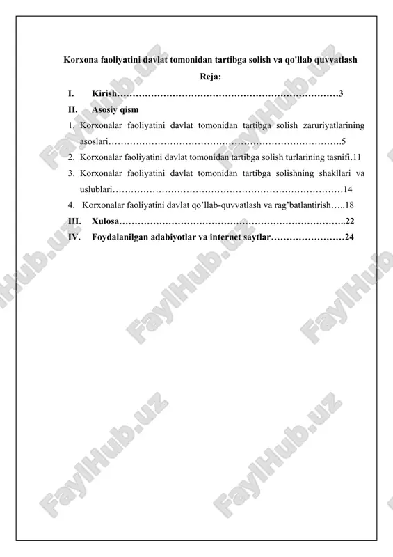 idan tartibga solish - jamiyat a’zolarining ehtiyojlarini qondirish darajasini oshirish uchun cheklangan ishlab chiqarish resurslaridan yanada samarali foydalanishni ta’minlovchi, umumiy iqtisodiy muvozanatga erishishga yo’naltirilgan, ijtimoiy takror ishlab chiqarish jarayonini tashkil etish bo’yicha davlatning faoliyati. tadbirkorlik faoliyatini tartibga solishning aniq maqsad va chegaralarini belgilash, tadbirkorlik subyektlari tomonidan yangi mahsulot va xizmat turlarini joriy etish uchun qulay shart-sharoitlar yaratish orqali ular uchun tartibga solish yukini kamaytirish, shuningdek, o‘zbekiston respublikasi prezidentining 2022-yil 28-yanvardagi “2022 — 2026-yillarga mo‘ljallangan yangi o‘zbekistonning taraqqiyot strategiyasi to‘g‘risida”gi pf-60-son farmoni ijrosini ta’minlash maqsadida: tadbirkorlik subyektlarini davlat ro‘yxatidan o‘tkazish tadbirkorlik subyektlari faoliyatining ayrim turlari bo‘yicha litsenziyalashtirib berish hamda xabardor qilish tartib-taomillarini joriy etish; texnik jihatdan tartibga solish; tarif va notarif tartibga solish; qonunda belgilangan tartibda tadbirkorlik subyektlarining javobgarligini majburiy sug‘urta qilish; davlat nazorati; raqobatni himoya qilish; qonun bilan tadbirkorlik subyektlari hamda ularning mansabdor shaxslari javobgarligini o‘rnatish; hisobotlarni joriy etish; o‘zini o‘zi tartibga soluvchi tashkilotga a’zolik (ishtirok etish) asosida o‘zini o‘zi …