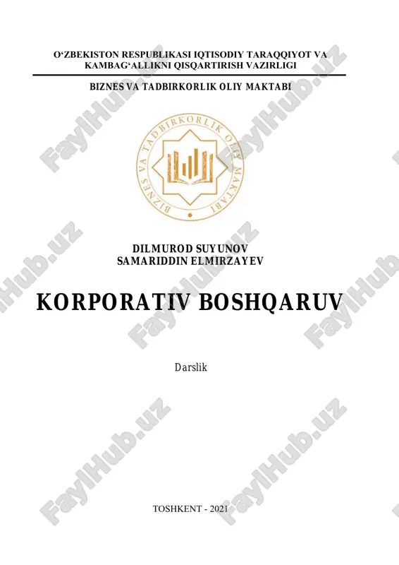 ktop/zkb%2014.02%20dars.docx%23_toc506300633 file:///c:/users/user/desktop/zkb%2014.02%20dars.docx%23_toc506300667 file:///c:/users/user/desktop/zkb%2014.02%20dars.docx%23_toc506300668 file:///c:/users/user/desktop/zkb%2014.02%20dars.docx%23_toc506300668 file:///c:/users/user/desktop/zkb%2014.02%20dars.docx%23_toc506300721 file:///c:/users/user/desktop/zkb%2014.02%20dars.docx%23_toc506300743 file:///c:/users/user/desktop/zkb%2014.02%20dars.docx%23_toc506300744 file:///c:/users/user/desktop/zkb%2014.02%20dars.docx%23_toc506300749 file:///c:/users/user/desktop/zkb%2014.02%20dars.docx%23_toc506300750 file:///c:/users/user/desktop/zkb%2014.02%20dars.docx%23_toc506300758 file:///c:/users/user/desktop/zkb%2014.02%20dars.docx%23_toc506300759 file:///c:/users/user/desktop/zkb%2014.02%20dars.docx%23_toc506300759 korporativ boshqaruv ~ 5 ~ kirish bozor qonuniyatlarini hisobga olgan holda ijtimoiy-iqtisodiy taraqqiyot yo‘nalishlari belgilangan davlatlarda korporativ boshqaruv amaliyotiga doimiy ravishda diqqat-e’tibor qaratilgan, desak mubolag‘a bo‘lmaydi. shu boisdan mazkur masala xalqaro iqtisodiy tashkilotlarning ham e’tiboridan chetda qolmasdan kelmoqda. xususan, jahon banki guruhi tomonidan har yili e’lon qilib kelinayotgan “biznes yuritish” (doing business) hisobotlarida biznes yuritishga ta’sir etuvchi muhim omil sifatida minoritar investorlar huquqlarini himoya qilish holati alohida davlatlar kesimida tahlil qilinib, reyting tuzib chiqilmoqda. shuningdek iqtisodiy hamkorlik va taraqqiyot tashkiloti tomonidan 2015-yilda hozirgi real shart- sharoitlardan kelib chiqqan holda “korporativ boshqaruv prinsiplari” qayta e’lon qilinganligi1 korporativ boshqaruv amaliyotining milliy va jahon iqtisodiyoti uchun qay darajada muhimligini ko‘rsatmoqda. respublikamizda ham iqtisodiy taraqqiyotni ta’minlash maqsadida korporativ tuzilmalar, xususan aksiyadorlik jamiyatlari faoliyatini samarali tashkil etish maqsadida qator islohotlar o‘tkazilmoqda. 2017-2021-yillarda o‘zbekiston respub