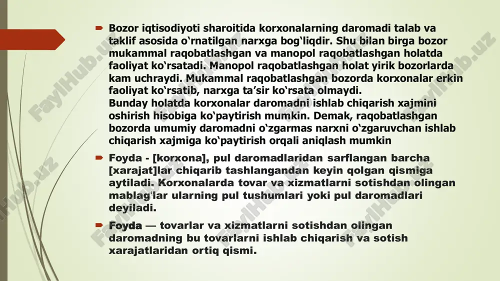 o‘z faoliyati natijasiga ko‘ra oladigan pul va tovar –moddiy tushum https://fayllar.org/mavzu-daromad-shakllari-va-turlari-mek-86-guruh-talabasi-qurba.html  korxona (firma) mablag`lari aylanishining har bir tsiklli mahsulotlar yoki xizmatlarning sotilishi bilan yakunlanadi. buning natijasida tushgan pul mablag`lariga u yana iqtisodiy resurslar (xom-ashyo, materiallar, yarim fabrikatlar, yoqilg`i, ishchi kuchi va hokazolar) sotib oladi va ularning yordamida mahsulot ishlab chiqaradi yoki xizmat ko`rsatadi. mana shunday tarzda sodir bo`ladigan jarayonlar takror ishlab chiqarishni tashkil etadi. ishlab chiqarilgan mahsulotni sotish natijasida korxona (firma) xazinasiga tushgan pul mablag`larini daromadlar deb ataladi. korxonaning jami daromadi asosiy faoliyatdan va asosiy bo`lmagan faoliyatdan olingan daromadlar yig`indisidan iboratdir. asosiy faoliyatdan olingan daromadlarga mahsulotlarni, ishlarni, xizmatlarni, tovar-moddiy zahiralar va boshqa aktivlarni sotishdan olingan tushumlar kiradi. https://azkurs.org/ijtimoiy-gumanitar-fanlarda-masofaviy-talim-kafedrasi-katta-oq.html  mamlakatimiz taraqqiyotining ijtimoiy yo‘naltirilgan bozori iqtisodiyoti yo‘lining tanlanishi xo‘jalik yuritish shakllarining xilma-xilligi hamda tadbirkorlik faoliyatini kuchayishini taqozo etadi. bu xol respublikamizda ishlab chiqarish va noishlab chiqarish, sanoat va qishloq xo‘jaligi korxonalari faoliyatining shakllanishi, xo‘jalik yuritishi va ishlab chikarishni tashkil etishning …
