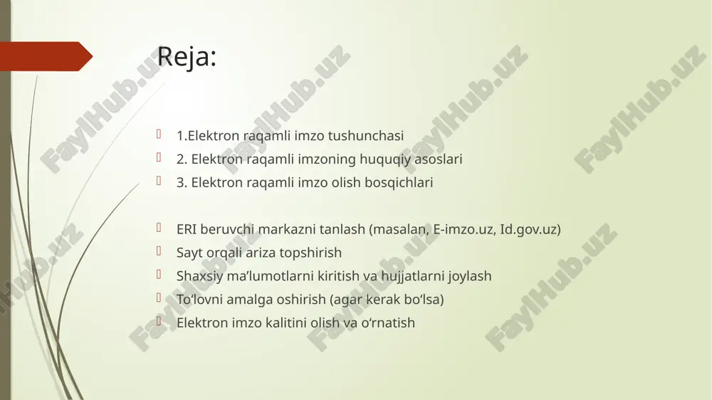 bini va eri egalarining huquq hamda majburiyatlarini belgilaydi.qonunga ko‘ra, eri bilan imzolangan elektron hujjat qog‘ozdagi imzo bilan imzolangan hujjatga teng yuridik kuchga ega.“elektron hukumat to‘g‘risida”gi qonun (2015-yil 9-dekabr)eri davlat organlari, tashkilotlar va fuqarolar o‘rtasidagi elektron hujjat almashinuvining asosiy vositasi ekanligini belgilaydi. vazirlar mahkamasining qarorlari va normativ hujjatlareri beruvchi markazlarning faoliyati, kalitlarni yaratish, saqlash va bekor qilish tartibini belgilaydi.masalan, “elektron raqamli imzo kalitlarini ro‘yxatga olish markazlari to‘g‘risidagi nizom” shular jumlasidandir.🧾 2. eri ning huquqiy kuchielektron imzo bilan imzolangan hujjat asl nusxa hisoblanadi.bunday imzo faqat egasiga tegishli bo‘ladi va uchinchi shaxslar tomonidan o‘zgartirilmaydi.sud, davlat organlari yoki tashkilotlarda eri bilan imzolangan hujjatlar ruxsat etilgan yuridik dalil sifatida qabul qilinadi. 🧍‍♂️ 3. eri egasining huquq va majburiyatlarihuquqlari:eri dan elektron hujjatlarni imzolashda foydalanish;eri kalitini yangilash yoki bekor qilishni talab qilish;eri yordamida davlat xizmatlaridan foydalanish. elektron raqamli imzo (eri) olish bosqichlarielektron raqamli imzo (eri) olish uchun foydalanuvchi maxsus akkreditatsiyadan o‘tgan markaz orqali ro‘yxatdan o‘tadi. quyida bu …