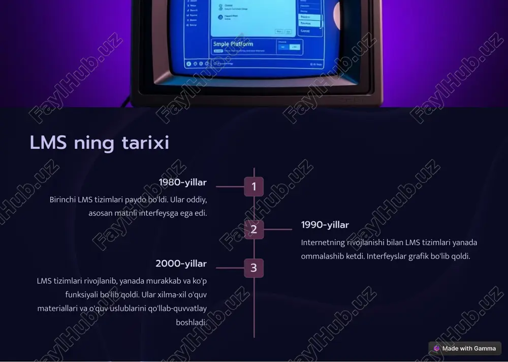himoya qilishi kerak. integrasiya lms tizimi boshqa tizimlar bilan, masalan, korporativ dasturlar bilan birlashtirilishi mumkin bo'lishi kerak. foydalanuvchilar tajribasi lms tizimi foydalanuvchilar uchun qulay va tushunarli bo'lishi kerak. https://gamma.app/?utm_source=made-with-gamma lms tiximining komponentlari komponentlar tavsif kurslarni boshqarish kurslarni yaratish, tahrirlash va boshqarish. kontentni yetkazib berish o'quv materiallarini, video, audio va boshqa fayllarni yuklash va taqdim etish. foydalanuvchilarni boshqarish o'quvchilar, o'qituvchilar va boshqa foydalanuvchilarni ro'yxatga olish va ularga ruxsatlarni berish. aloqa vositalari o'quvchilar va o'qituvchilar o'rtasida muloqot o'rnatish uchun forumlar, chat va elektron pochta. https://gamma.app/?utm_source=made-with-gamma lms tiximini tanlash 1 talablarni aniqlash sizning tashkilotingizning o'quv ehtiyojlarini va maqsadlarini aniqlang. 2 turli xil lms tizimlarini o'rganish turli xil lms tizimlarining xususiyatlarini, narxlarini va sharhlarini o'rganing. 3 sinov versiyasini o'rnatish tanlagan lms tizimining sinov versiyasini o'rnating va uni sinab ko'ring. 4 qaror qabul qilish sizning talablaringizga eng mos keladigan lms tizimini tanlang. https://gamma.app/?utm_source=made-with-gamma lms tiximini samarali qo'llash aniq maqsadlar qo'yish sizning lmsdan nimani kutishingizni aniqlash. …